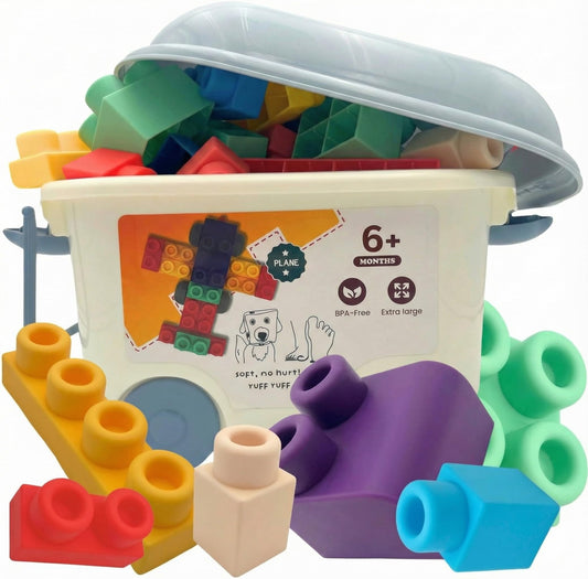WaBee Baby Soft Rubber Building Blocks - 50 Pieces in Wheeled Bin Ages 12mo+ - Extra Large Chew-Safe Sensory Toys - STEM Learning Set - Not Compatible with Duplo/Mega