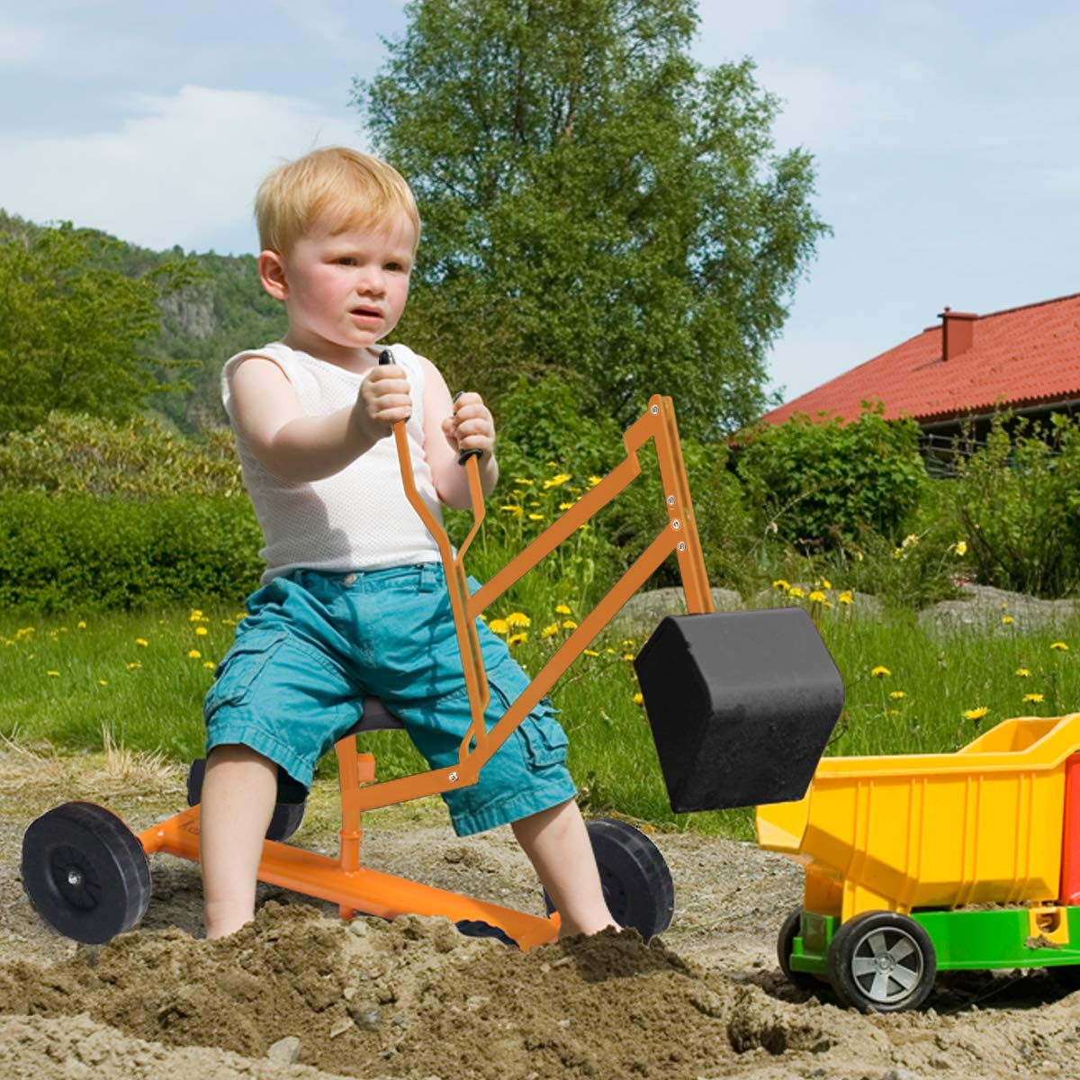 HONEY JOY Ride on Sand Digger, Metal Sit on Crane Sandbox Digger Toy with Seat & Handle, Toddlers Excavator Ride on Toy for Backyard, 4 Wheeler Kids Big Digger Backhoe for Boys Girls