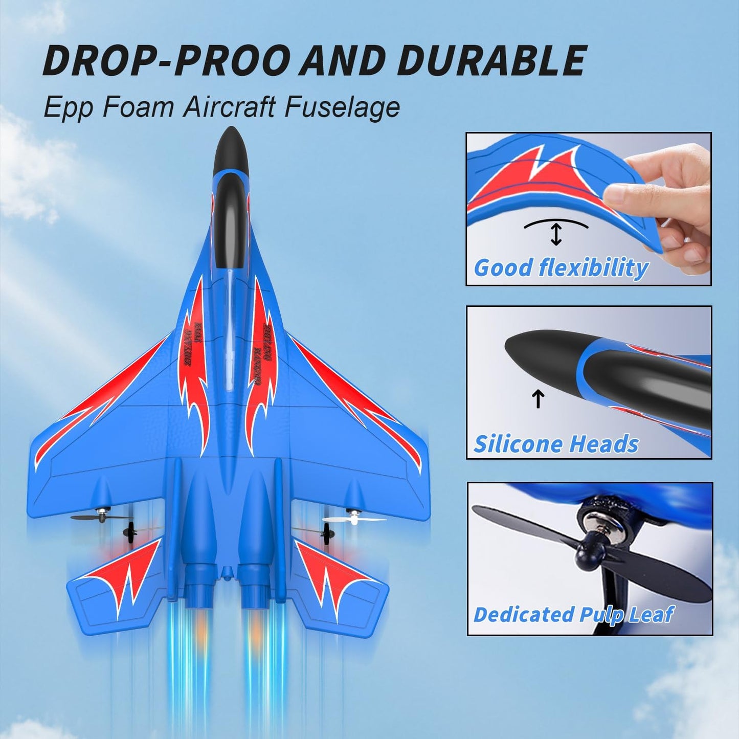 QFCST Foam Remote Control Wireless Airplanes RC Planes, Remote Control Fighter Toys, 2CH 2.4Ghz RC Fighter Jet with Light, Hobby Rc Airplanes Easy to Fly for Kids Boys Adults(Blue)