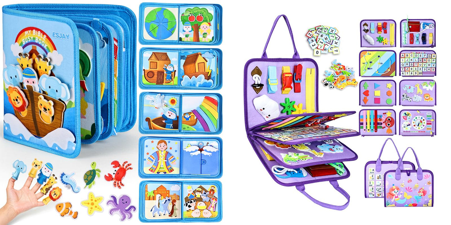 Esjay Toddler Busy Board Montessori Toys, Sensory Board Educational Activities for Learning Fine Motor Skills, Birthday Gifts for Toddlers, Travel Toys for Airplane Car, Purple Merpeople