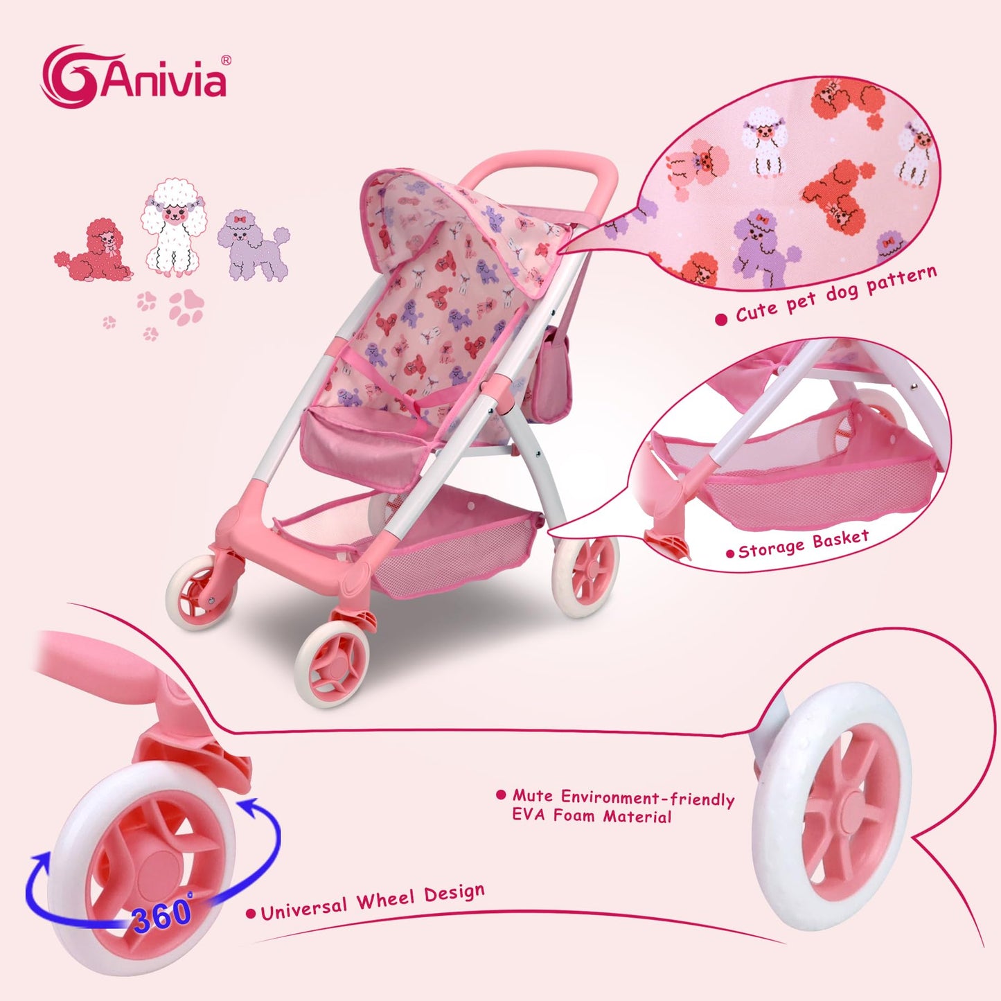 ANIVIA Baby Doll Stroller, Toy Carriage for Kids Baby Doll Stroller for 18 inches American Girl Dolls with Multi Function