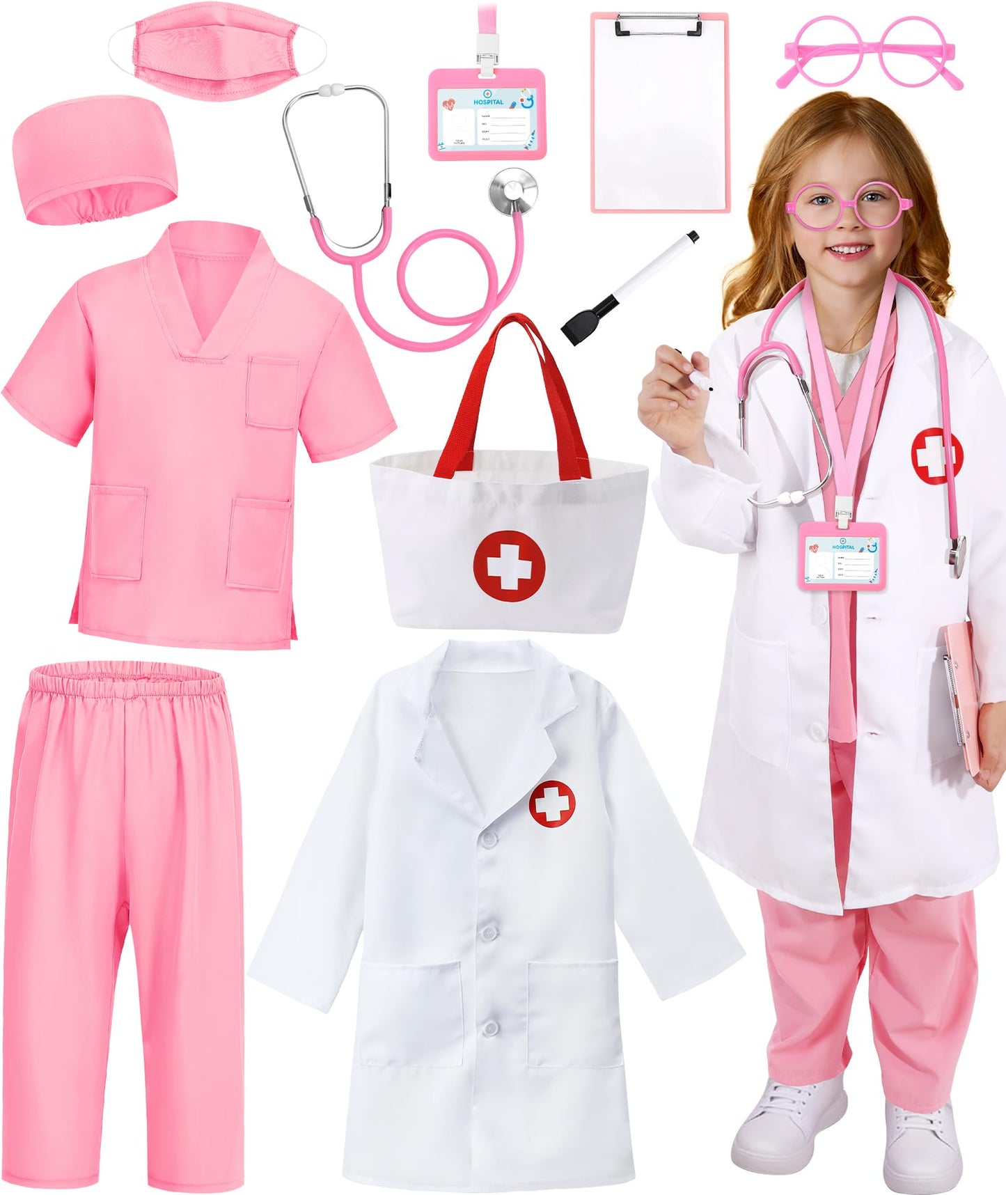 Wuclad 12 PCS Doctor Costume for Kids,Scrubs with White Lab Coat/Nurse Costume for Kids Set,Career Day Costume for Boys Girls (Pink, 5-6 Years)
