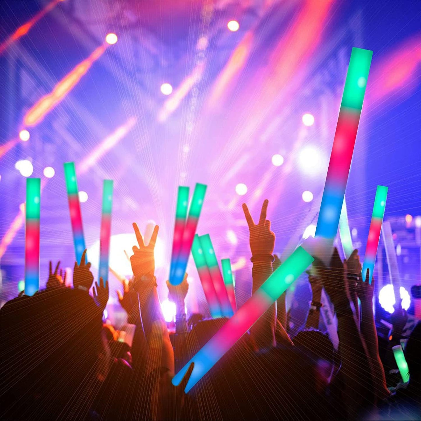 SHQDD 100PCS LED Foam Sticks, Foam Light Up Sticks with 3 Modes Colorful Flashing, Glow in Dark Party Supplies, Glow Stick Bulk Party Pack for Wedding, Raves, Concert, Camping, Sporting Events, Pool