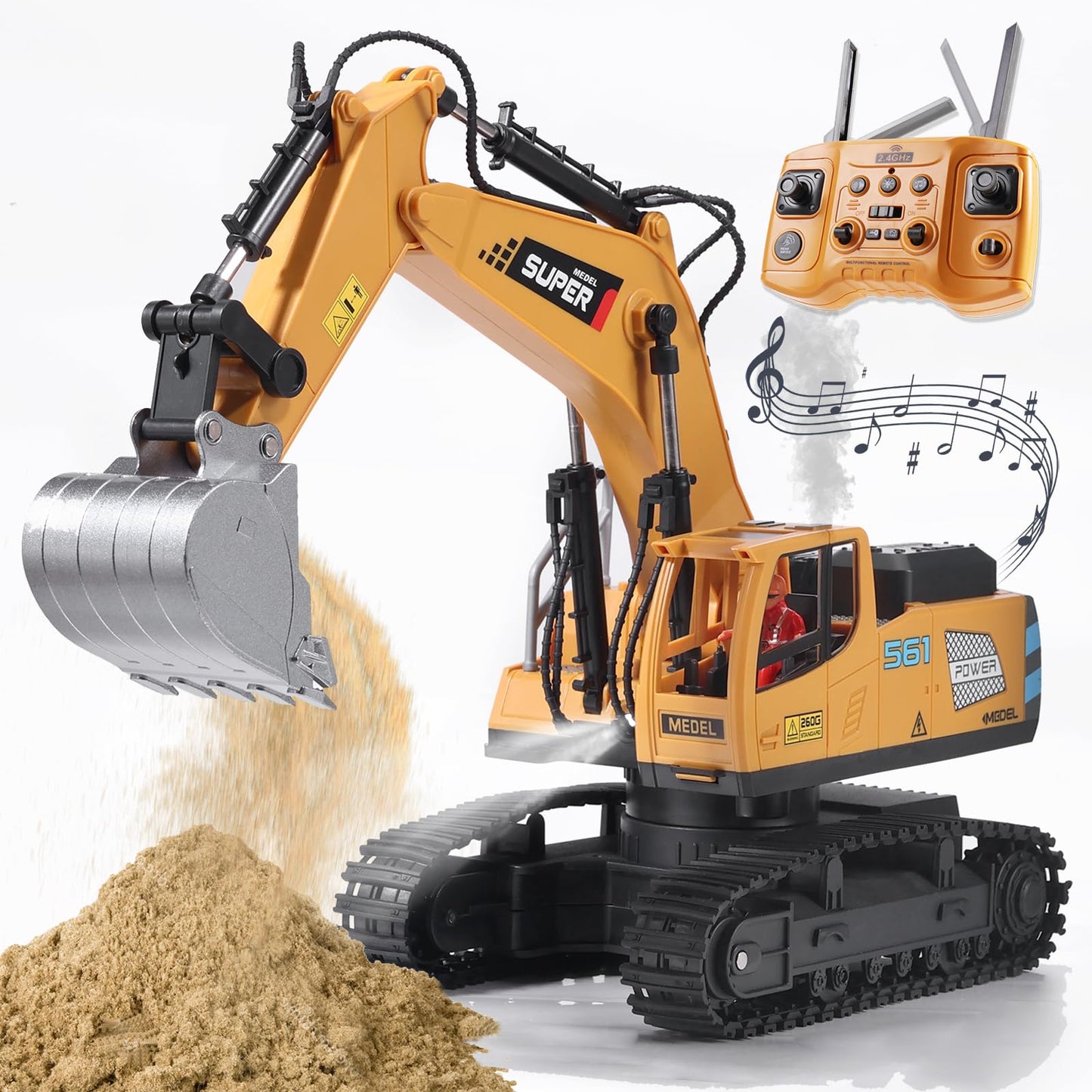ViRockSign Remote Control Excavator Toys for Boys,16 Channel RC Excavator Construction Toys with Metal Shovel & Light,Simulated Smoke,Christmas Birthday Gift Toy for Boys 3-5 4-7 8-12 Year Old Kids