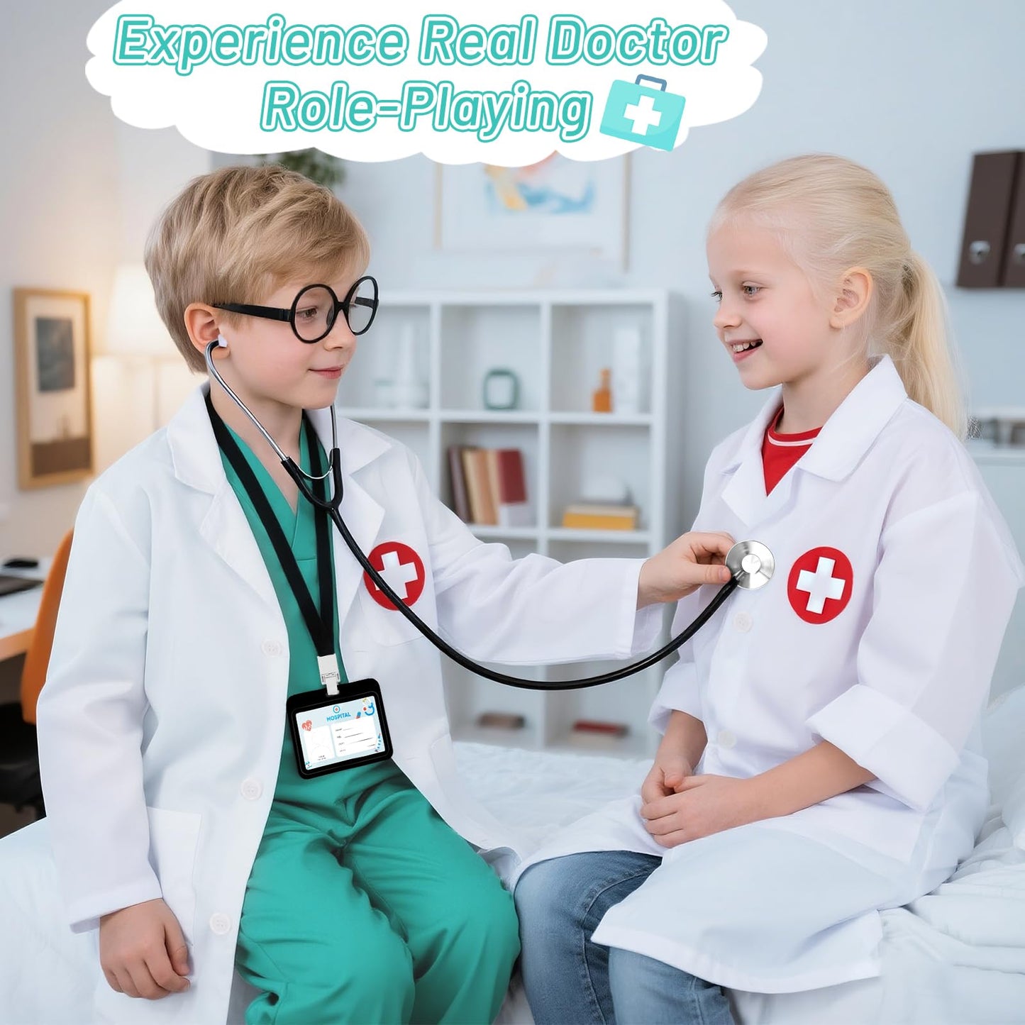 Wuclad 12 PCS Doctor Costume for Kids,Scrubs with White Lab Coat/Nurse Costume for Kids Set,Career Day Costume for Boys Girls (Green, 4-5 Years)