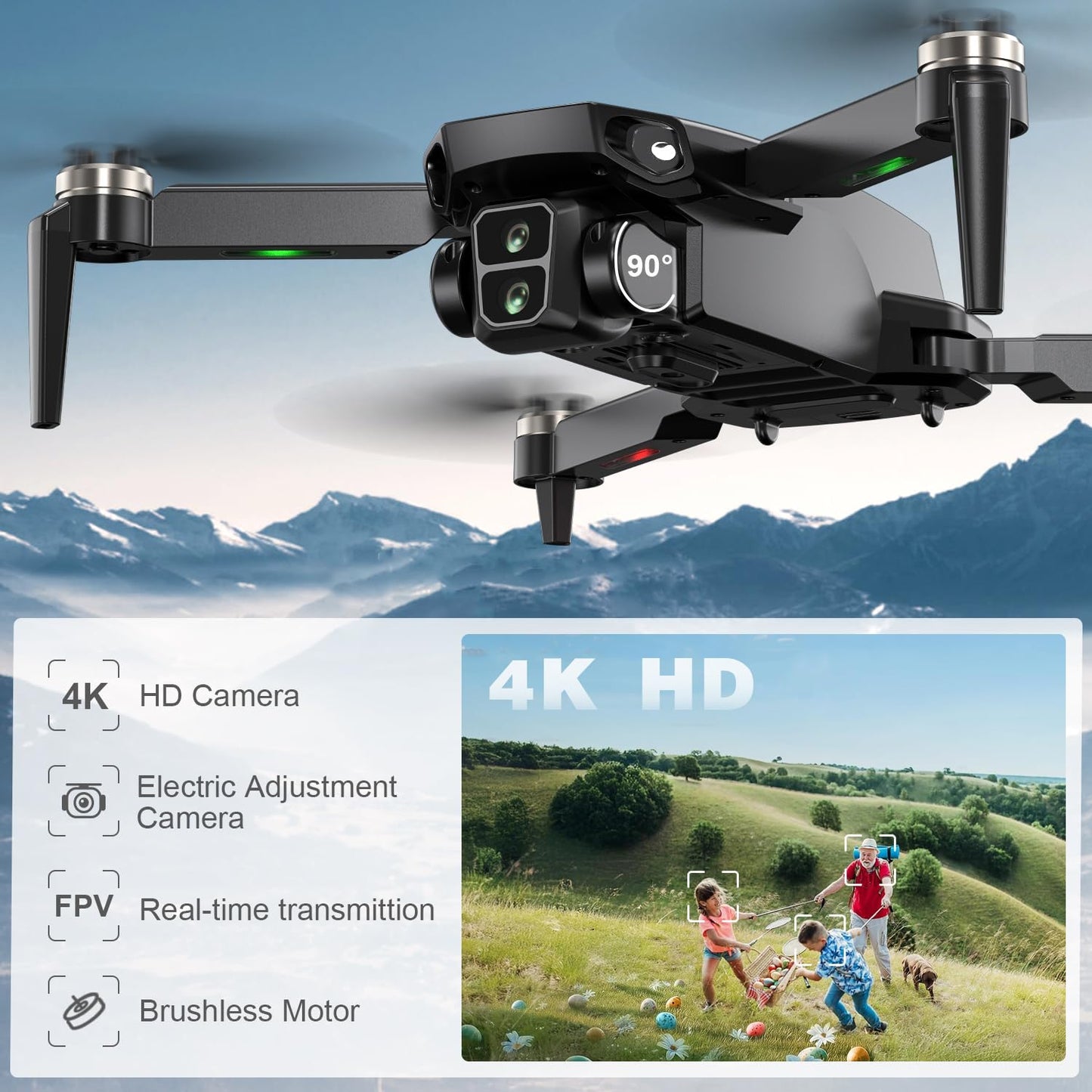 Drone with Camera for Adults 4K, Brushless Motor Drones for Kids Beginners, 60 Mins Flight, 130° Lens, FPV Foldable RC Quadcopter, Gesture Photography, Toys Gifts for Teen Boys Girls, Black