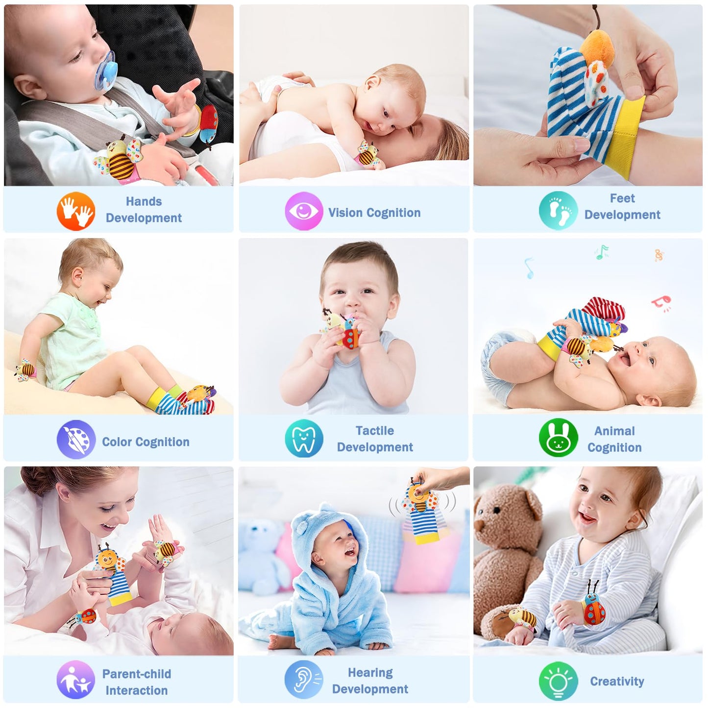 Bloobloomax Wrist Rattle Socks and Foot Finder Set, Infant Girl Boy Toys for Babies 0-36 Months, Newborn Hand & Foot Toys for 0 to 3 Years, Baby Shower Gifts Set (Dark Blue Gift Box)