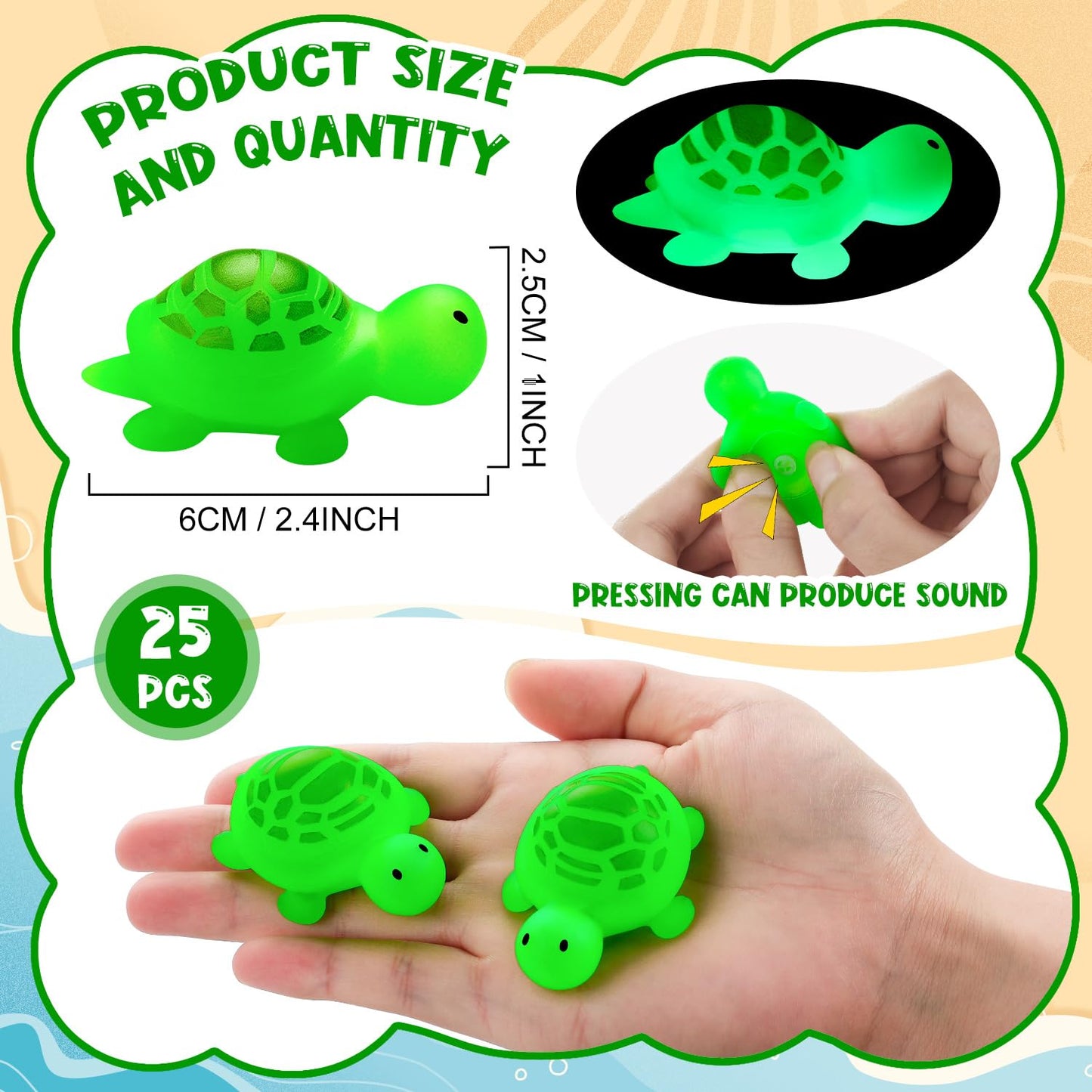 25PCS Rubber Turtle Bath Toys Glow in The Dark Green Floating Squeaky Sea Turtle Rubbe Toys, Cute Screaming Sound Rubber Turtle Bulk for Bath Shower Swimming Pool Birthday Beach Decor