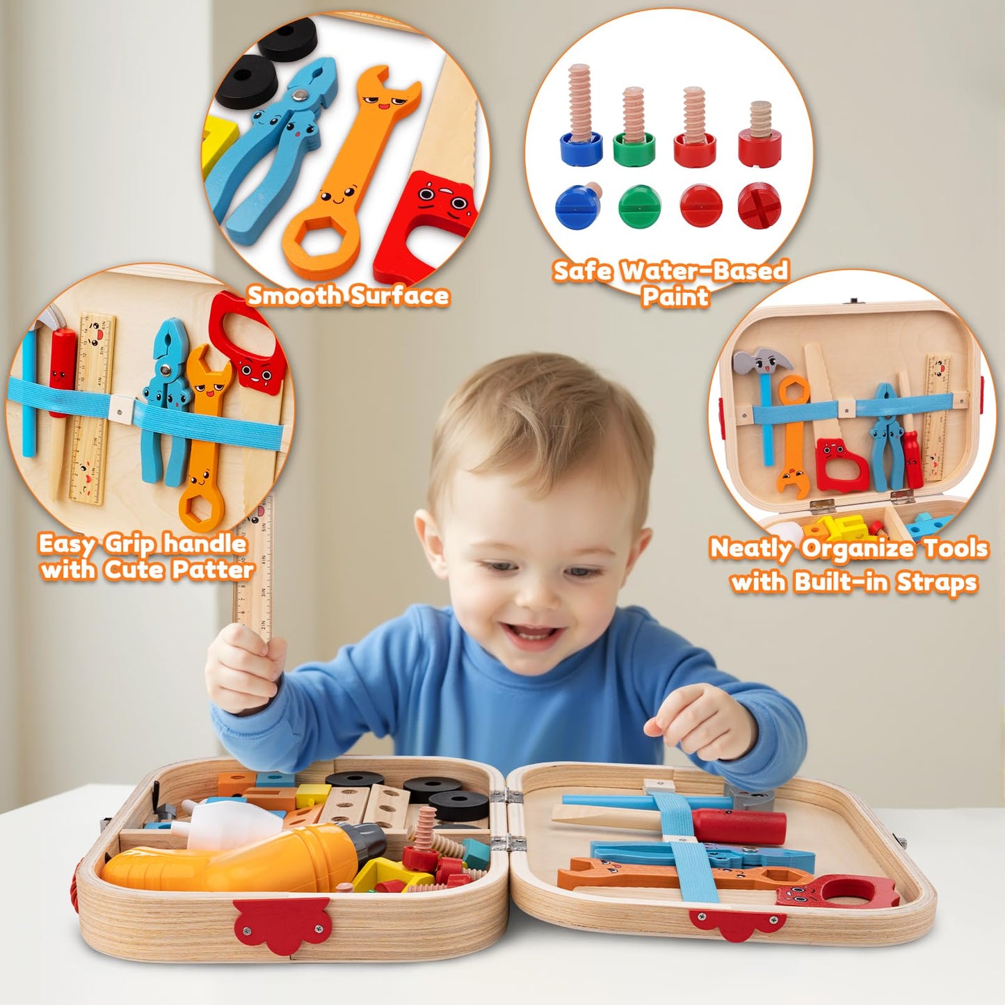 59Pcs Kids Tool Set Toy for Boys - Montessori STEM Wooden Play Tool Box Kit with Electric Drill with 2 Types Bits - Educational Christmas Birthday Gifts for Boys Toddlers Kids Age 3 4 5 6 Years Old