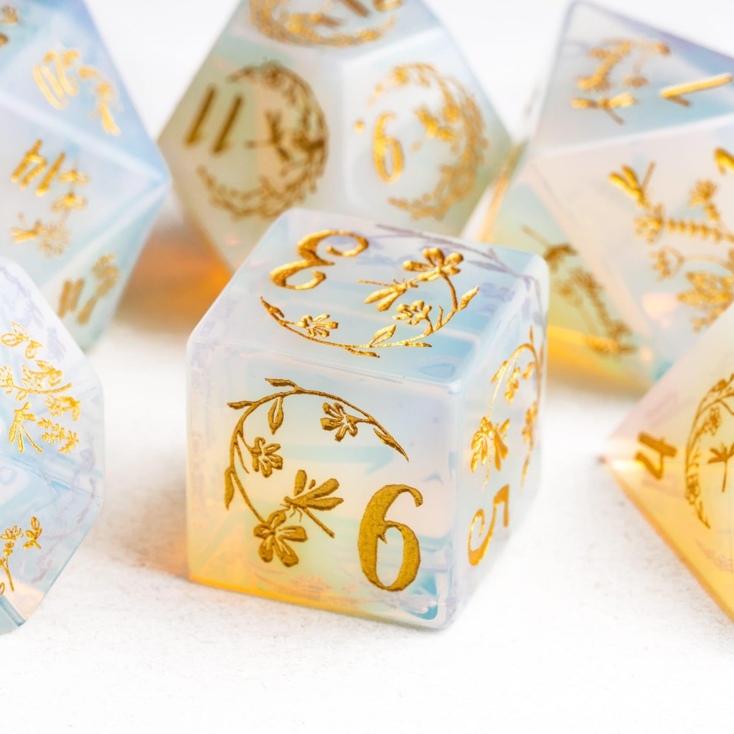 UDIXI Opal Stone DND Dice Set, 7PCS Gemstone Dice Set D&D with Gift Case for Role Playing Games and Tabletop Games (Dragonfly and Flower)