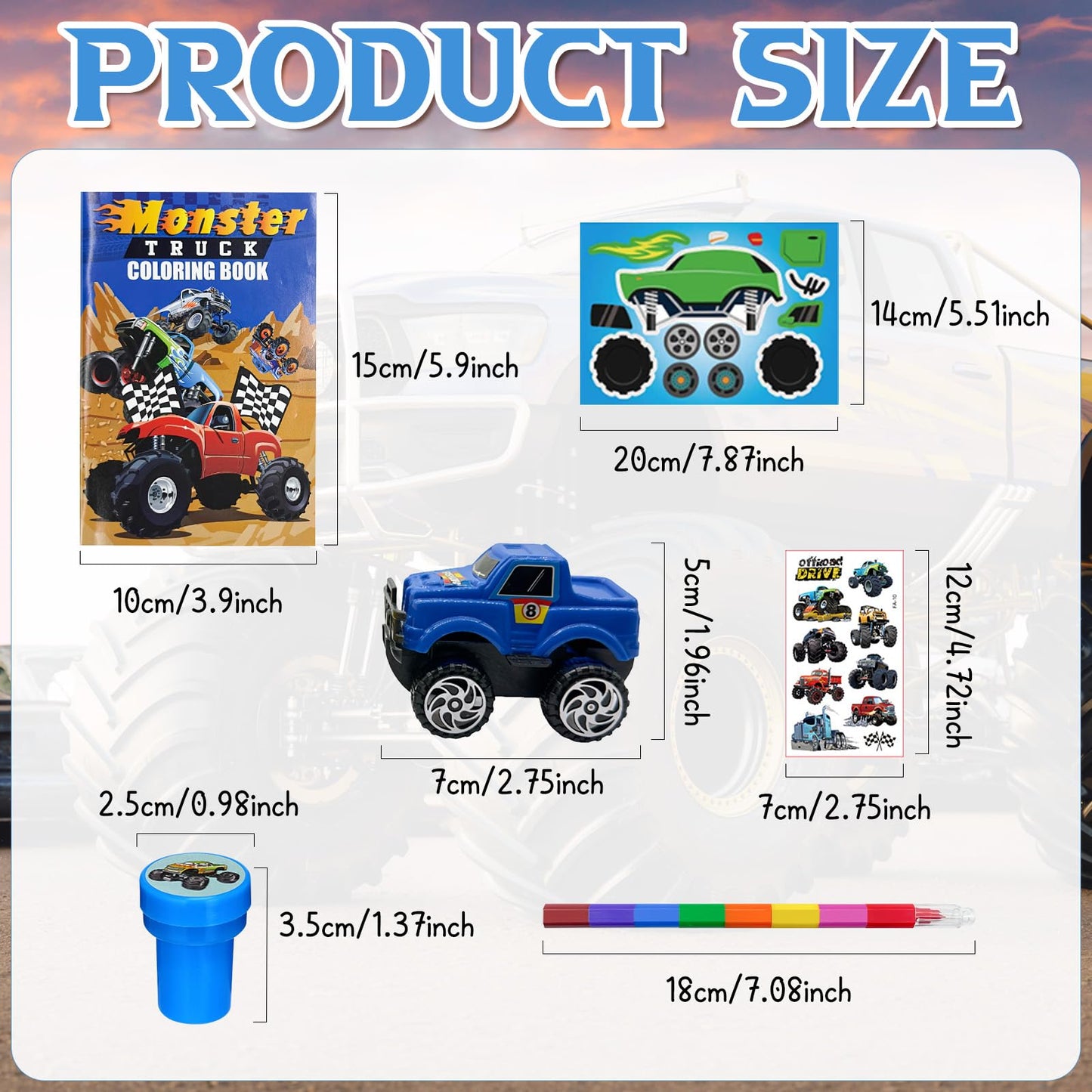 Cinrobiye 72 Pcs Monster Truck Party Favors Bulk, Truck Car Coloring Books with Crayons Stickers Stampers Goodie Bag Fillers, Race Car Birthday Supplies, Wheels Party Pinata Gifts
