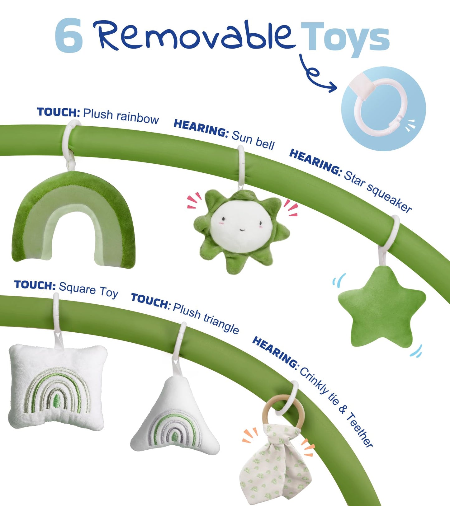 Little Dove 5-in-1 Convertible Baby Play Gym with 6 Toys, Tummy Time Mat for Sensory Development, Baby Activity Center from Newborn to Toddler, Ball Pit, Cat & Dog Bed, Soft Plush Pet Bed, Green