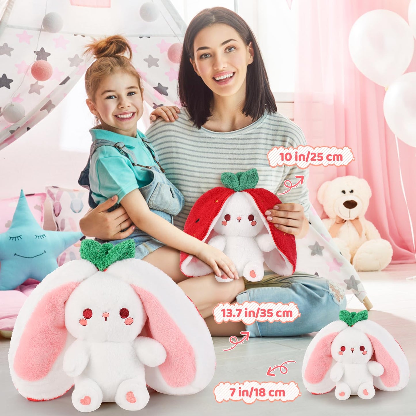 Emoin Bunny Stuffed Animal Reversible Cuddle Strawberry Bunny Plush Transformed Rabbit Toy Plush with Zipper Easter Bunny Plushies Gifts for Baby Boys Girls-7Inch