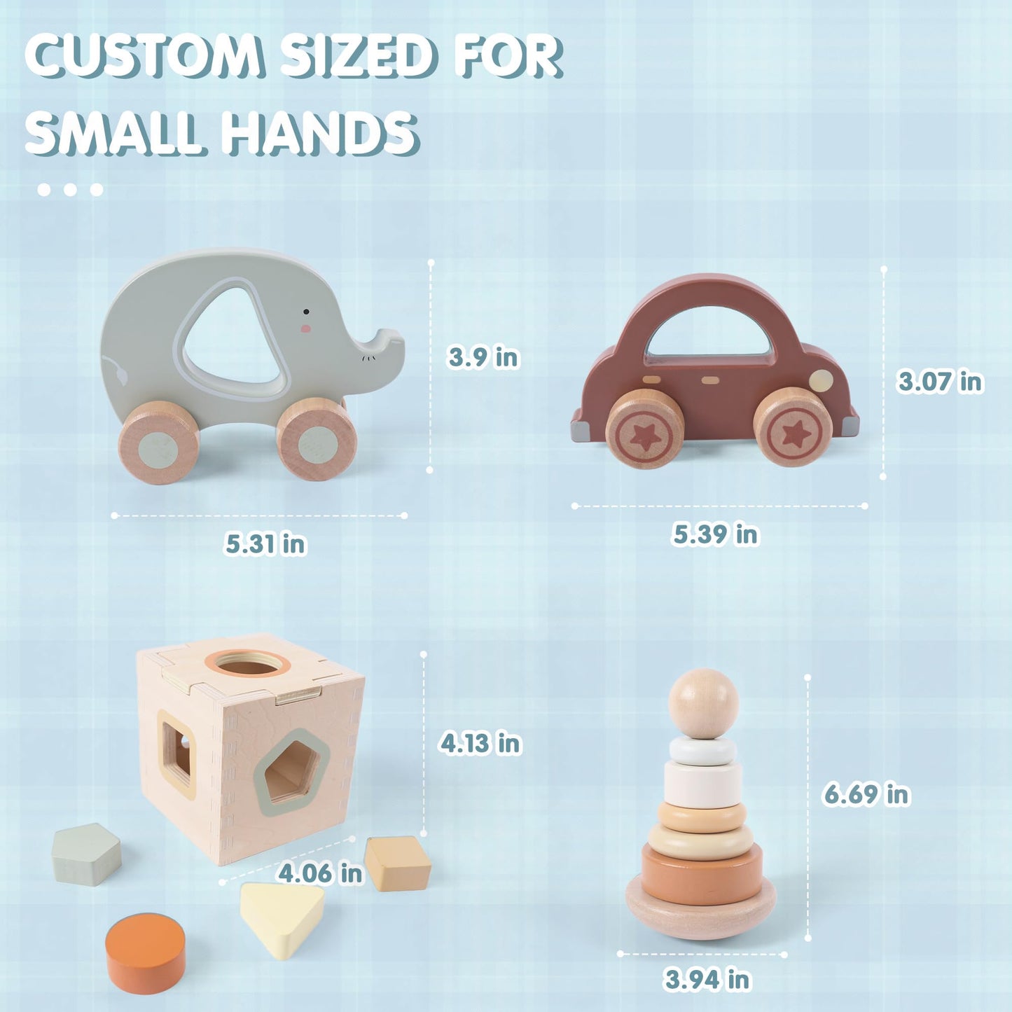 FReniland Wooden Baby Toy Set for 12M+, Montessori Grasping & Stacking Toys, Elephant & Car Sensory Toys, Natural Wood Fine Motor Skill Development Gift for Boys & Girls