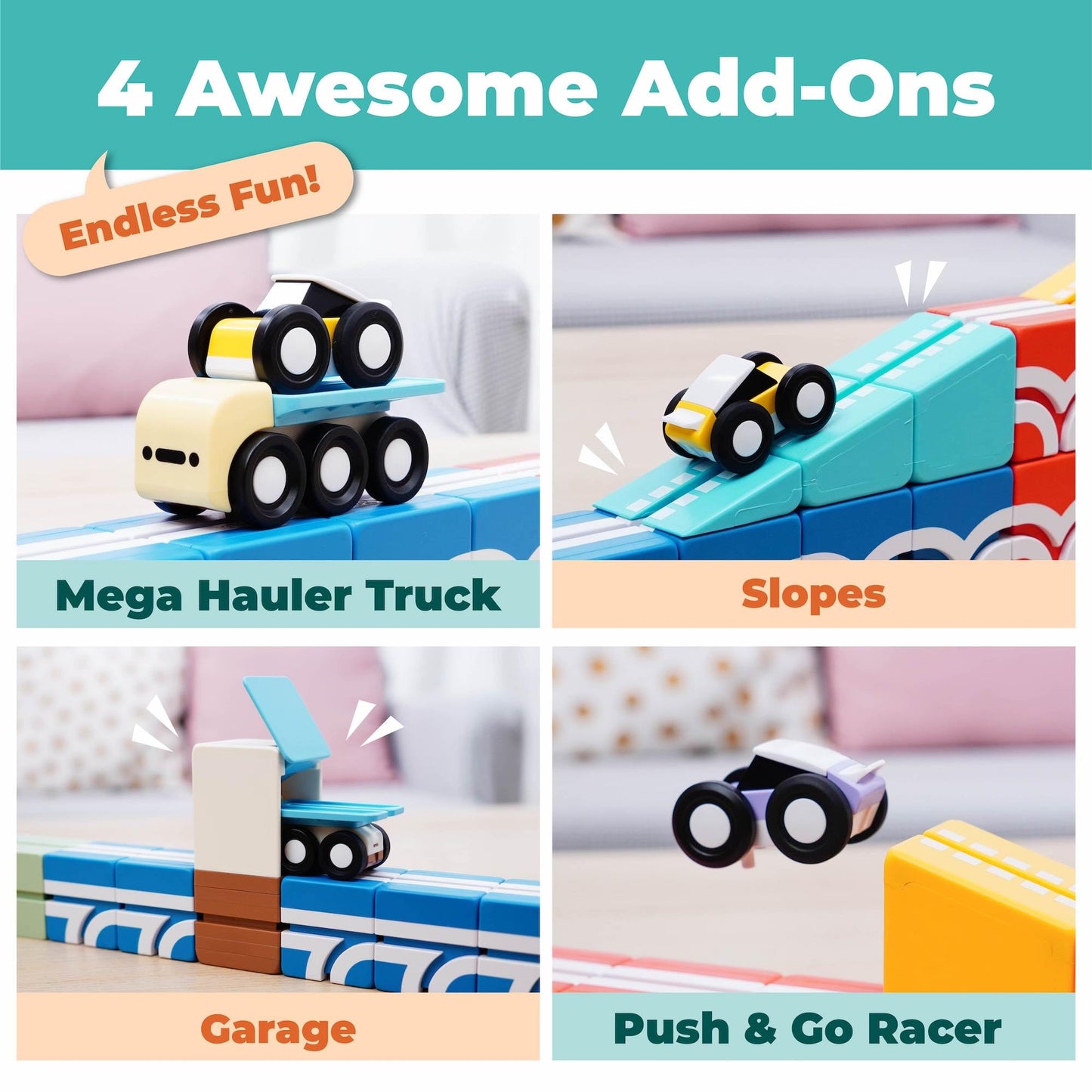 QBI Magnetic Blocks Play Starter Set – STEM Construction Toys & Race Car Track for Kids Ages 3-5+｜Educational Magnet Building Tiles with 2 Ramps & 4 Vehicles｜Montessori Gift for Boys & Girls (36 Pcs)