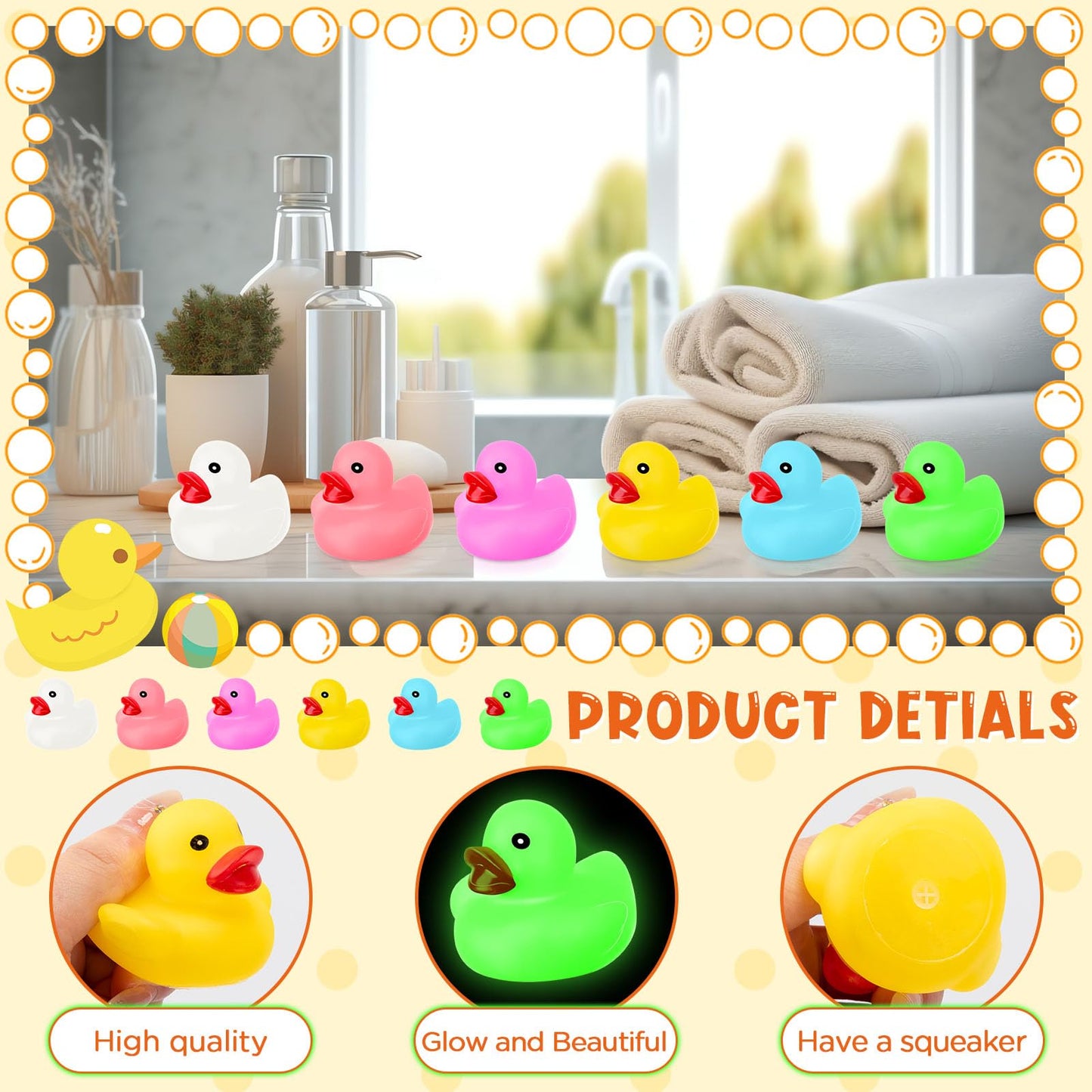 Chitidr 24 Pcs Glow in the Dark Rubber Ducks 2.2'' Luminous Mini Rubber Duck Fluorescent Tiny Light up Floating Squeaky Bathtub Toys for Baby Showers Summer Beach Pool Party Games (Colorful)