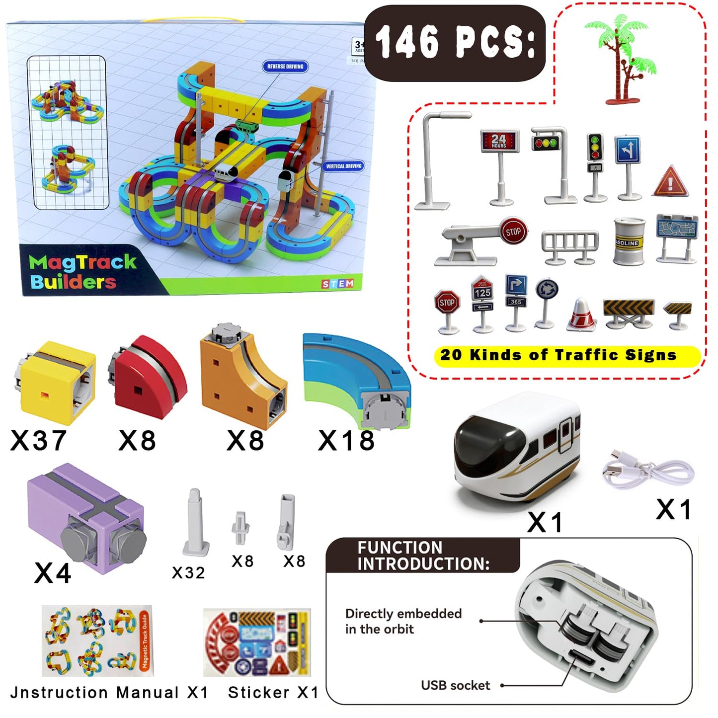 Electric Train Set for Kids Toddlers 3-5,Magnetic Track&Rechargeable Car,Gravity-Defying 3D Embedded Layouts DIY Flexible Race Track Assembly,STEM Educationa Learning Gift
