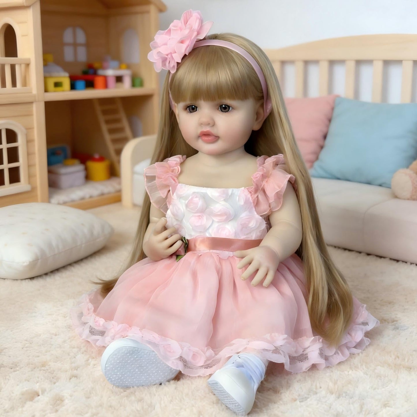 Pinky Lovely 22inch 55cm Reborn Baby Dolls Girl Real Life Full Body Soft Vinyl Newborn Baby Dolls Realistic Look Long Hair Princess Baby Doll Toy for Ages 3+