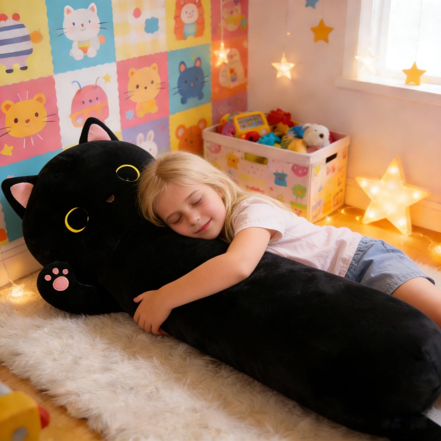 MaoGoLan Long Cat Body Pillow for Kids, 44'' Big Kitten Plush for Adults, Big Black Cat Stuffed Animal for Girl, Large Kitten Plush Throw Pillow for Mother's Day Birthday Gift, Baby Shower Party Decor