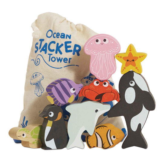 Le Toy Van - Wooden Toys - Petilou Baby & Toddler - Ocean Animal Building Blocks Stacker & Bag - Educational Balancing Activity Toy - Wooden Blocks Aquatic Animal Toys - Kids Toys Age 18 Months+