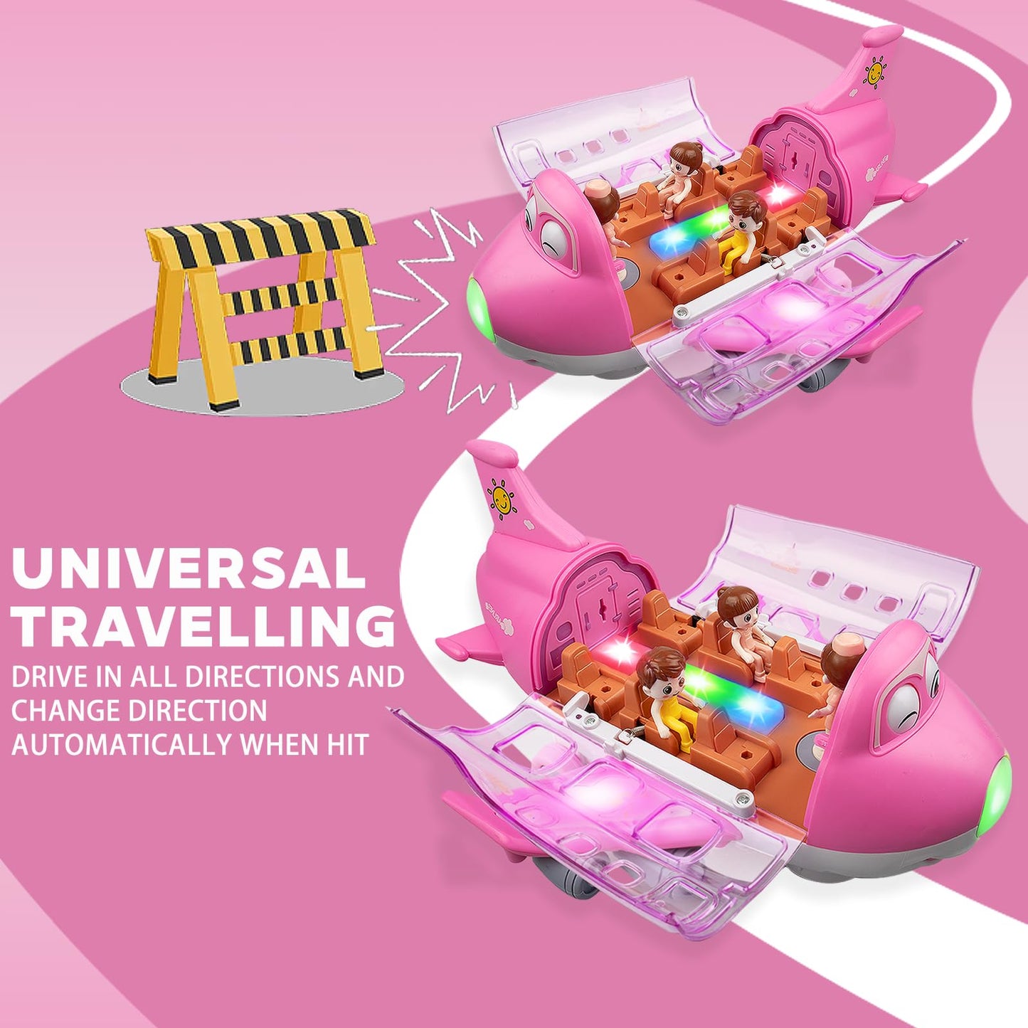 victob Pink Airplane for Toddler 1-3-5, Bump and Go Action Toy Airplane with LED Flashing Lights & Sounds, Birthday Gifts for Boys Girls Ages 4-8 Year Olds (Pink)