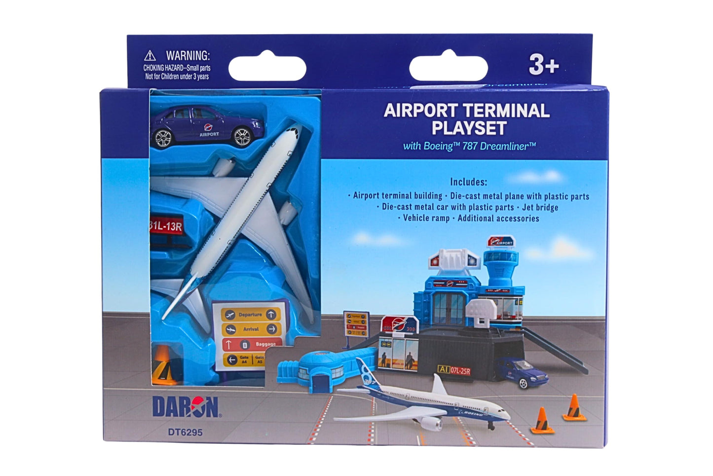 Daron Airport Building Playset with Boeing 787 Die-Cast Metal Airplane & Free-Wheeling Airport Car – Buildable Terminal with ATC Tower, Jet Bridge & Accessories, Construction Toy for Ages 3+