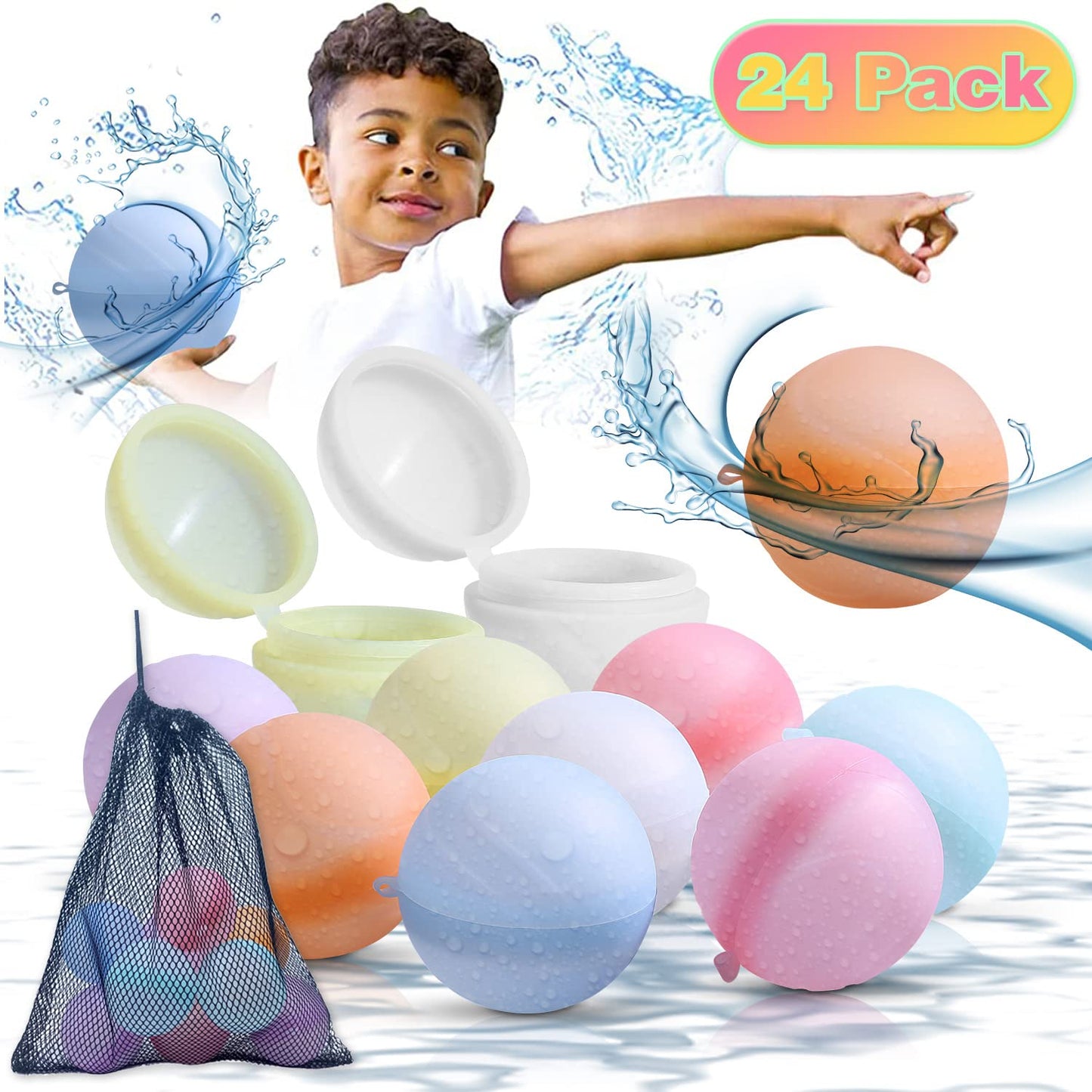 MBKET 24 Pack Reusable Water Balloons Pool Water Balls Latex-Free Soft Silicone Water Splash Ball with Portable Mesh Bag Summer Outdoor Beach Play Pool Party Backyard Fun Water Toys