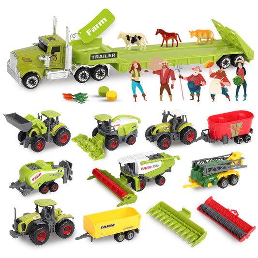 Oriate Kids Farm Toys Realistic Tractor Vehicle Playset, Diecast Car Set Educational Mini Farm Animals with Flatbed Trailer, Birthday Gift for Children 3 Year Old