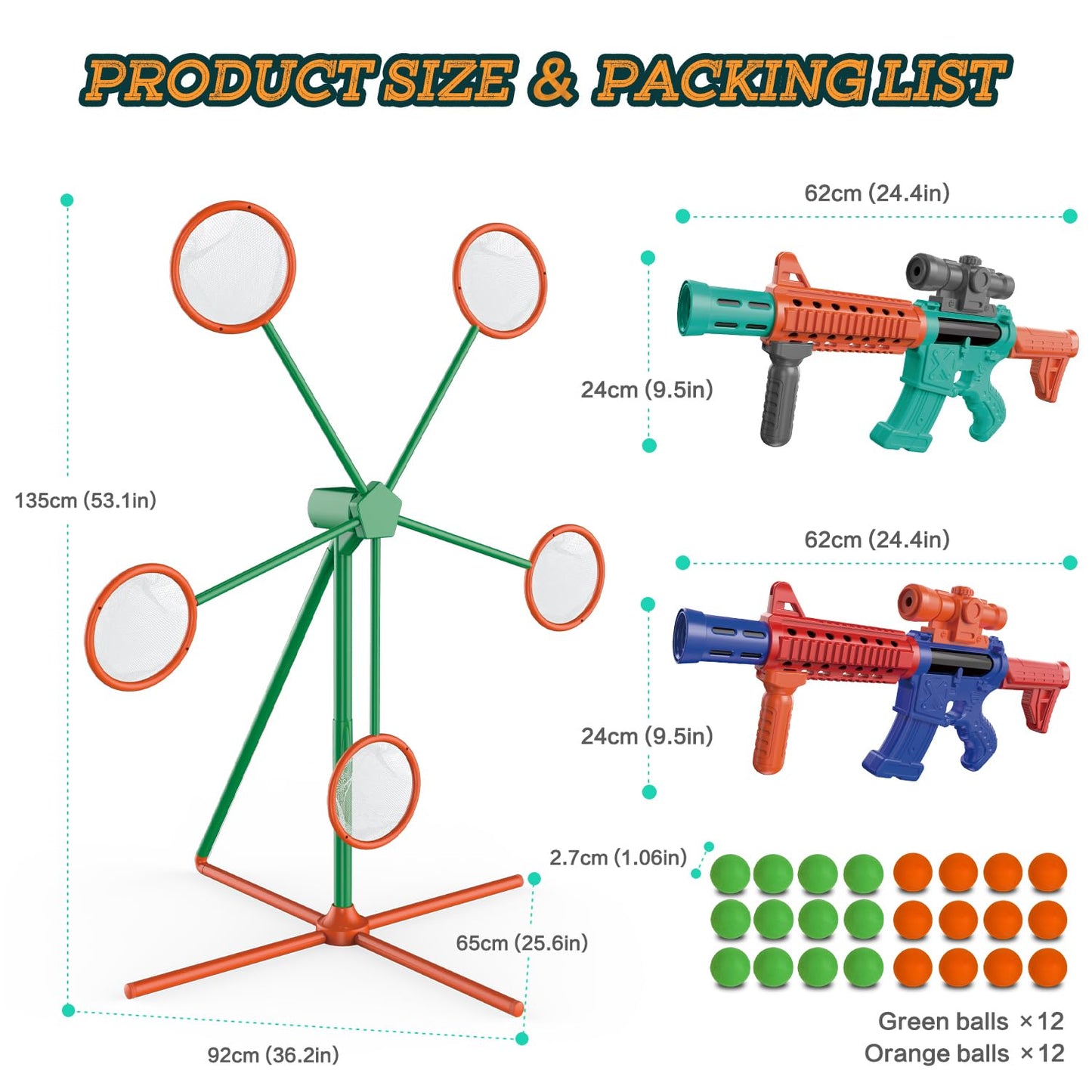 Marlrin Shooting Games Toys for Age 5 6 7 8 9 10+ Year Old Boys, Kids Toy Sports & Outdoor Game with Moving Shooting Target & 2 Popper Air Toy Guns & 24 Foam Balls, Gifts for Boys and Girls