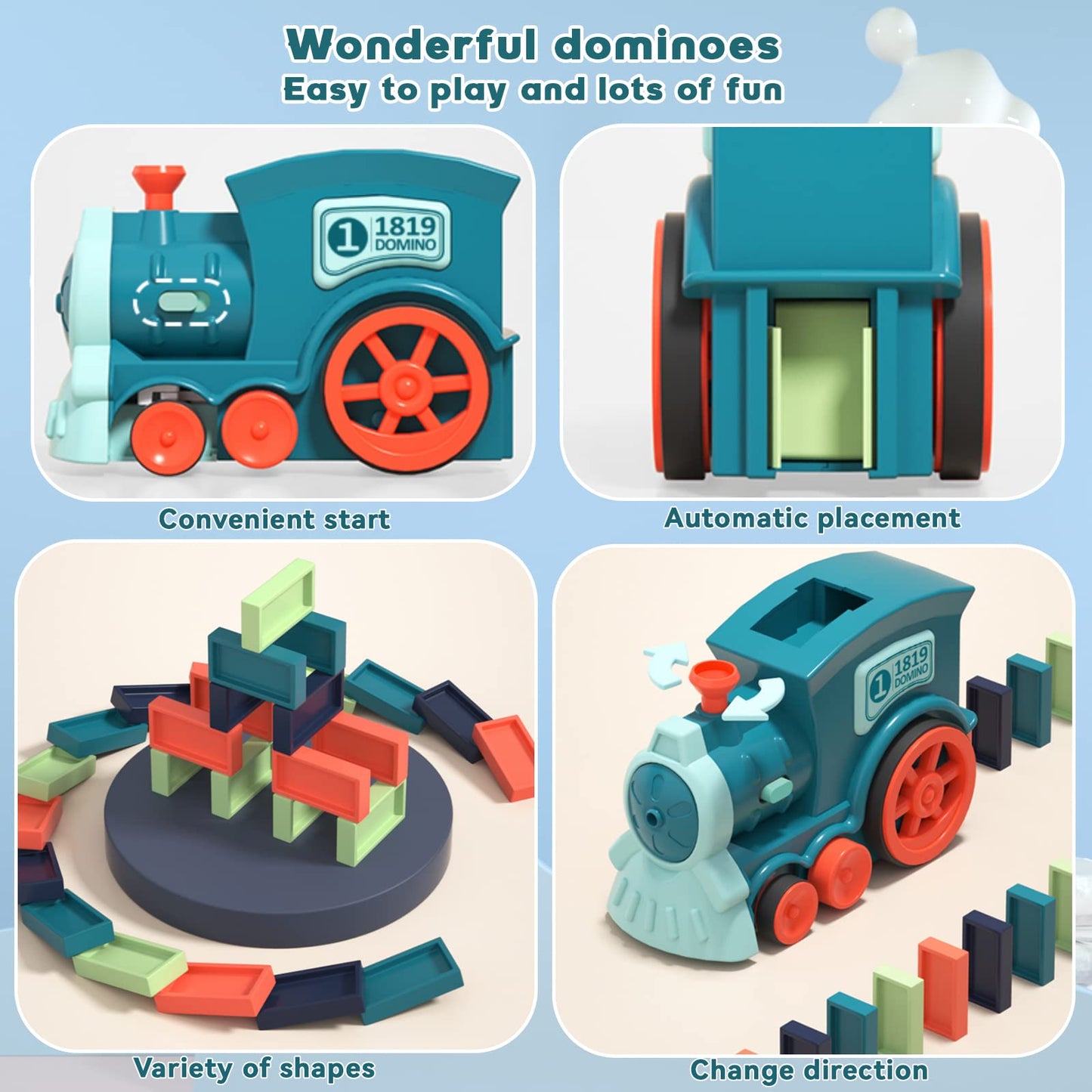 Noaideoi Domino Train Toy Set for Kids, Automatic Dominoes Blocks Building and Stacking Toys Creative Kids Games Early Education Christmas Birthday Gift Boys Girls Age 3 4 5 6 7 8 Year Old (Cyan)