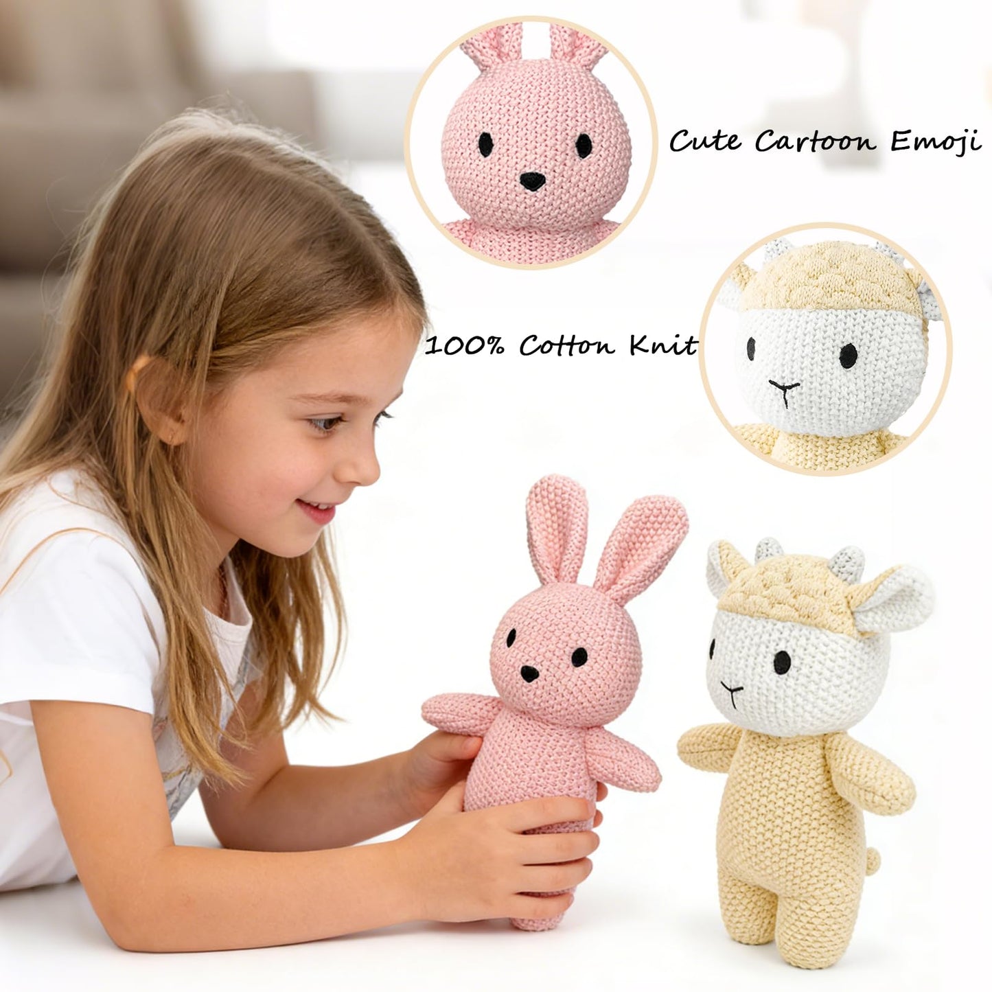 okegztoa 2 Pack Cotton Baby Plush Stuffed Animals Cute Bunny and Huggable Sheep Knitted Plush Toy Gifts for Kids and Newborns, Handmade Crochet Doll for Christmas, Easter (Rabbit+Sheep)