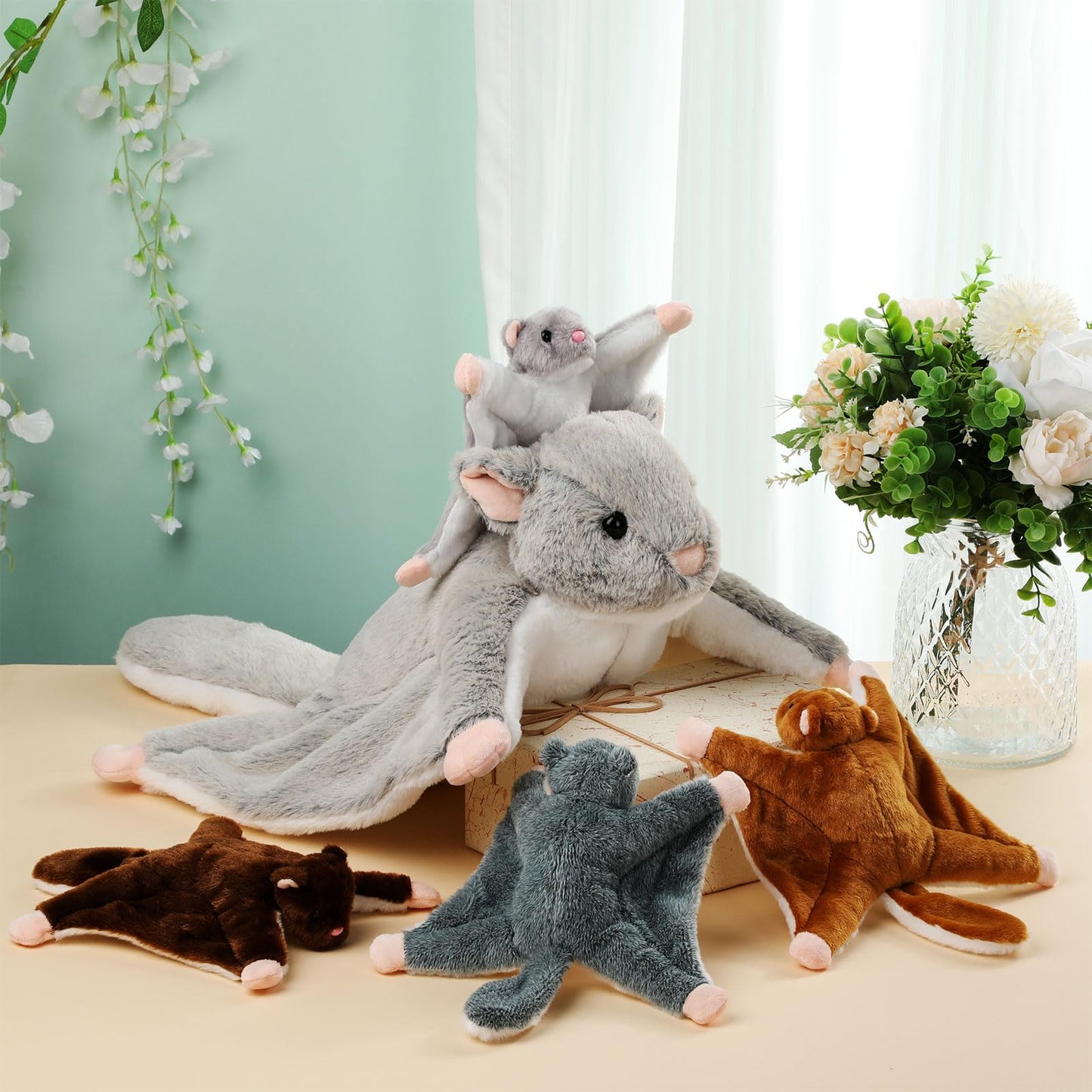 Civaner 5 Pcs Flying Stuffed Squirrel Animals Set 13 Inch Mommy Stuffed Flying Plush Squirrel Toy with 4 Babies Soft Fluffy Plushies Dolls for Christmas Valentines Easter Birthday Gifts
