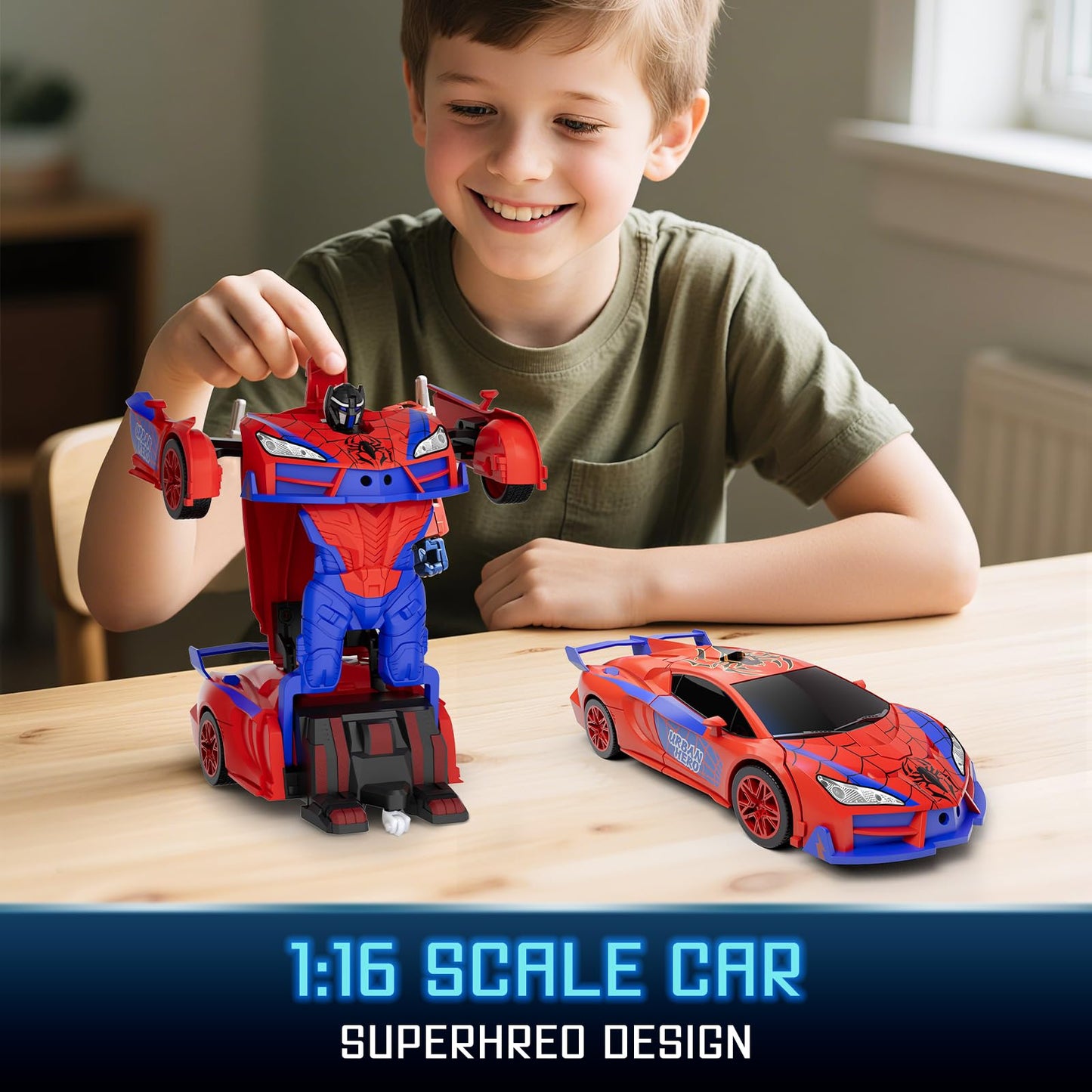 Qumcou Spider Toys for Boys 4-6, Remote Control Car, One-Button Transform Superhero Toys, 2.4Ghz RC Cars, 360° Spin,1:16 Scale, Shinning Red and Blue Light, Birthday Gifts for Boys, Boy Toys Age 6-8