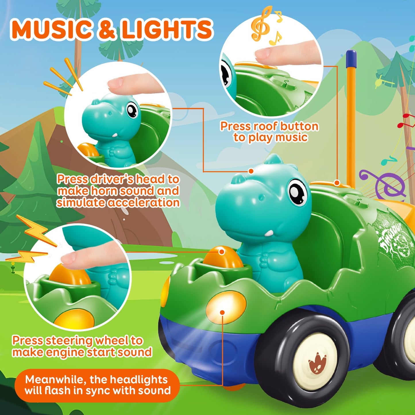 Pup Go Dinosaur Remote Control Car for Toddler 1 2 3 Years Old, My First RC Car with Music & Lights, 2 Interchangeable Dolls, Baby Dinosaur Toys, Ideal Gifts for Kids Boys Girls (Forest Green)