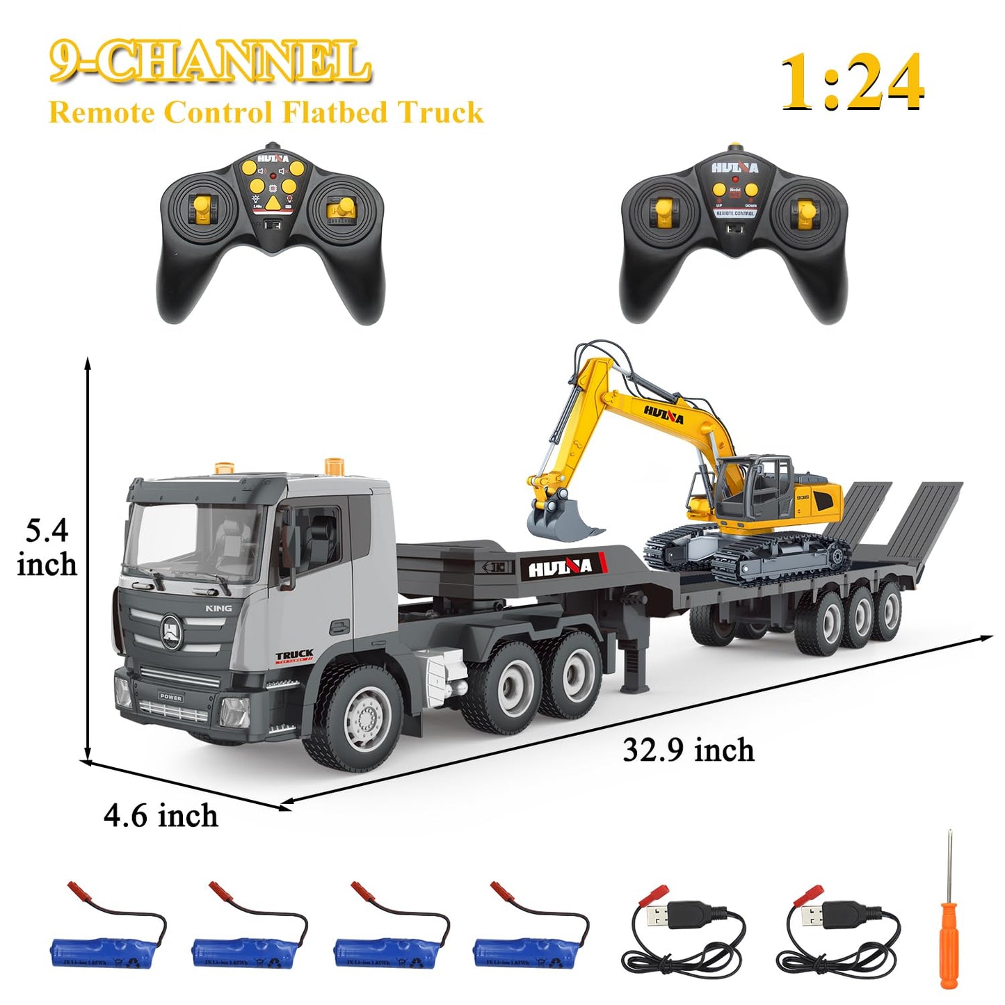 Fistone RC Semi Truck & Excavator Set, 2.4Ghz Remote Control Toys, 1:24 RC Semi-Trailer Engineering Tractor With Sound and Lights, Construction Vehicles for Boys