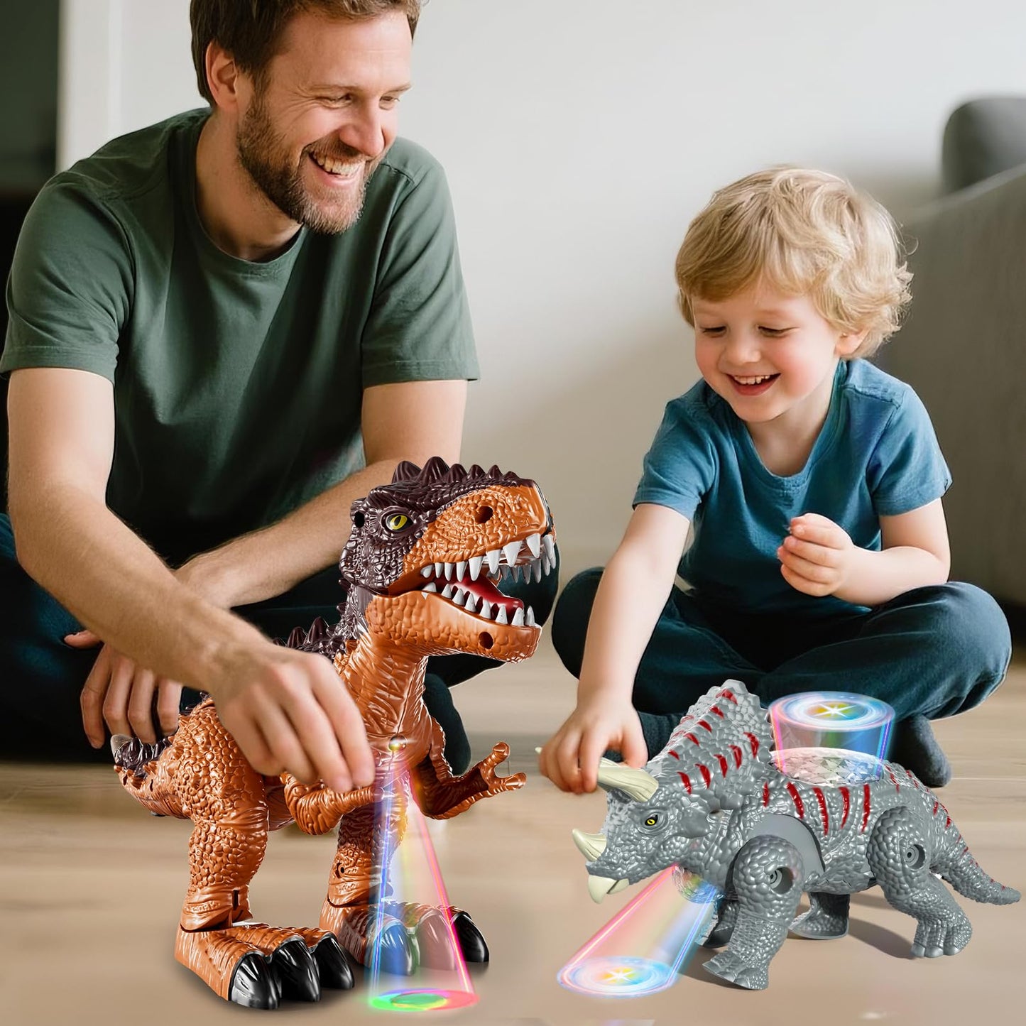 3 Pack Walking Dinosaur Toys for Kids 3-5 5-7 Years Old, Simulated Tyrannosaurus Brachiosaurus Triceratops with Sound & Light, Birthday Gifts Dino Toy for Toddlers Boys Girls 3 4 5 6 7 8 Years