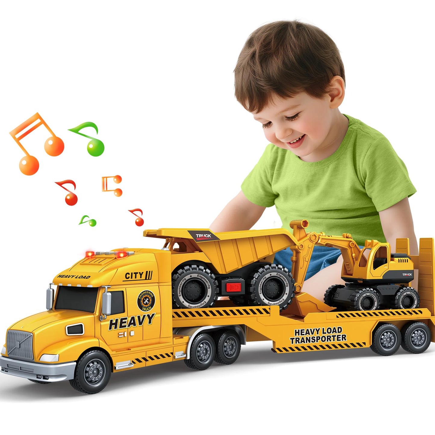 Bstoyder Toddler Boy Toys for 3 4 5 6 7 Years Kids, 27" Semi Construction Carrier Truck Toy with Excavator and Dump Truck, Friction Powered Toys with Lights and Sounds, Birthday for Boy Girls