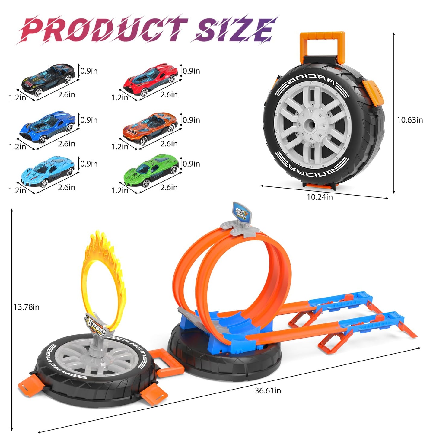 Toy Car Race Track Set for Kids Ages 4-8, Stunt Tire-Shaped Case Transforms into Race Course, 6 Cars in 1:64 Scale, 2 Ways to Play, Action Loop Cyclone Challenge & Speed Snap Track