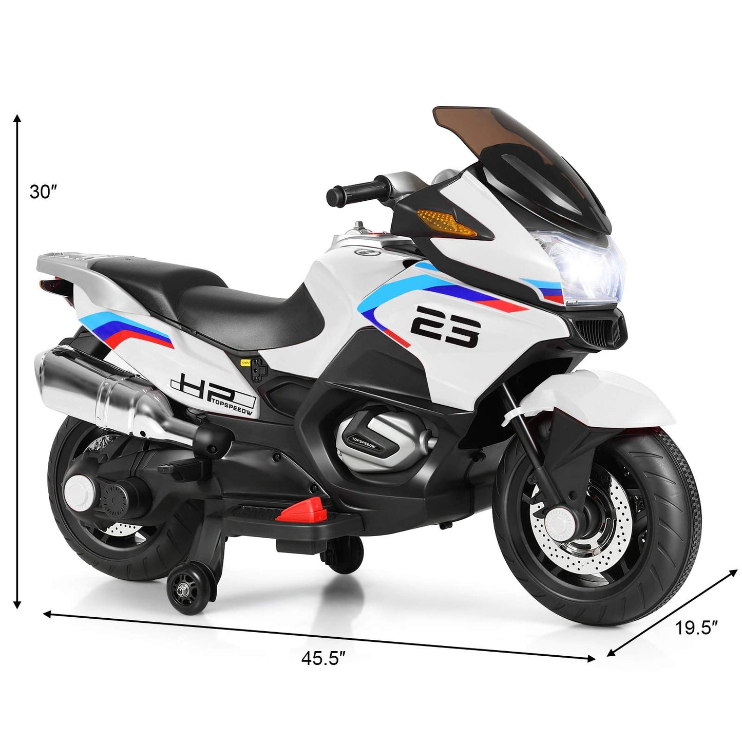 FUTADA Kids Ride on Motorcycle, 12V Kids Electric Motorcycle w/Training Wheels, Bright LED Light, Music, Foot Pedal, Battery Powered Tricycle Toy, Birthday Gift for Children, Girls Boys (White)