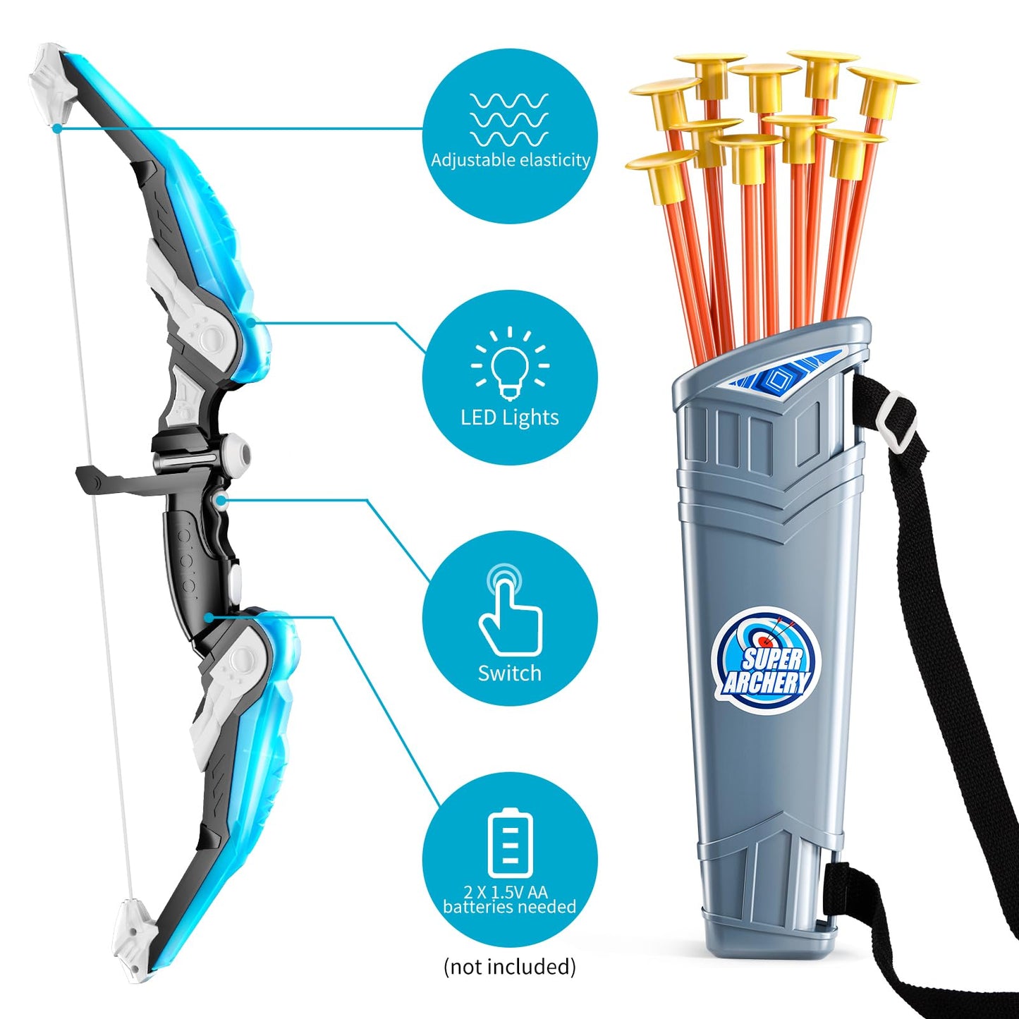 TEMI 2 Pack Set Kids Archery Bow Arrow Toy Set Outdoor Hunting Play with 2 Bow 20 Suction Cup Arrows 2 Target & 2 Quiver, LED Light Up Function Toy, Outdoor Toys for Kids, Boys & Girls Ages 3-12