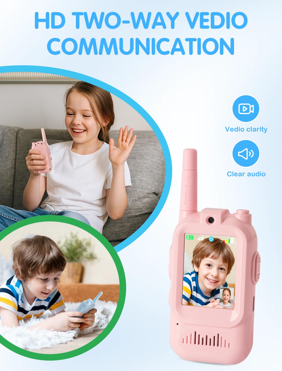 Walkie Talkie for Kids with Video: 2 Pack Rechargeable Toddler Toys with HD Camera & Voice Changer, Long Range Gift Toys for Boy & Girl Age 3-8 for Outdoor Play, Camping (Pink-Blue)