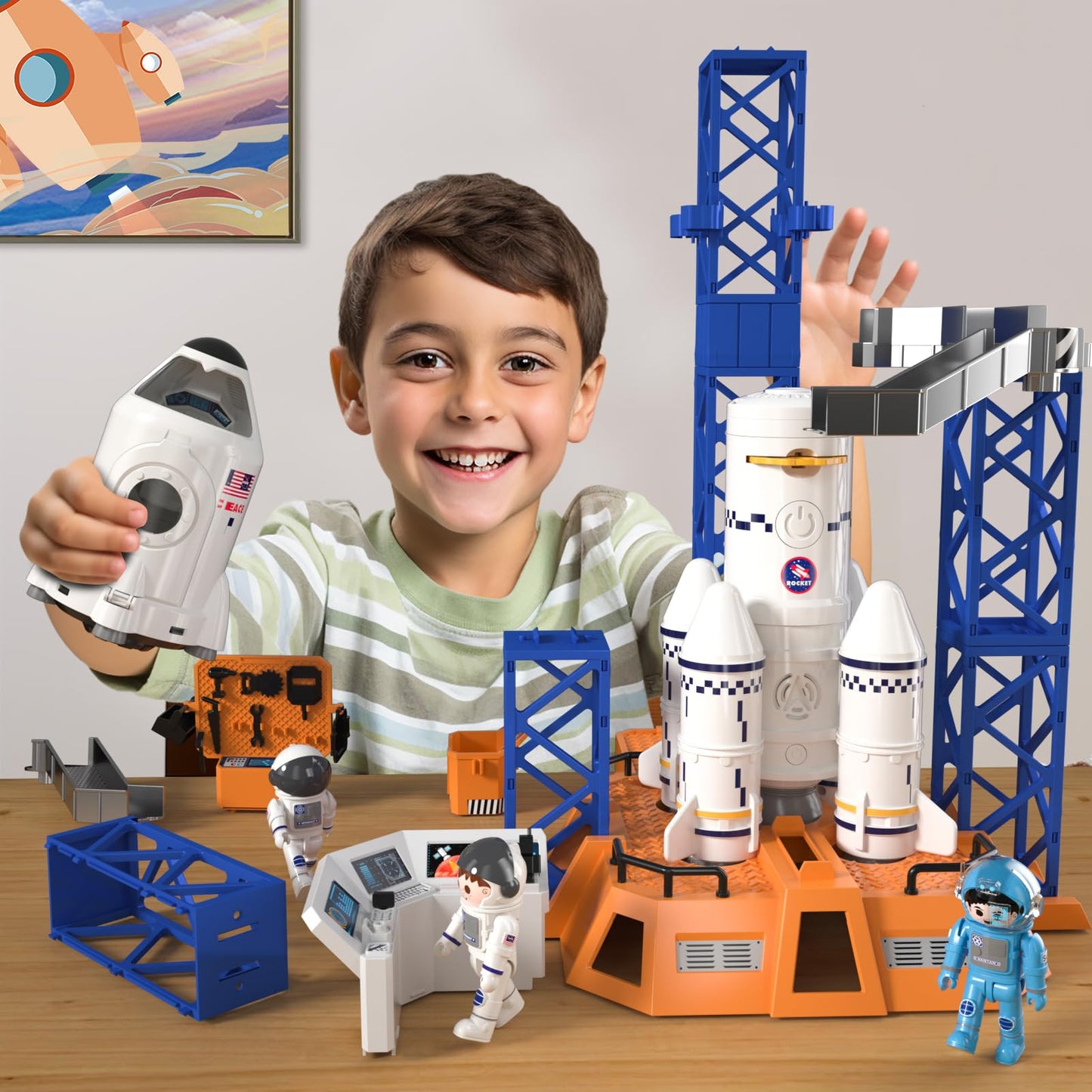 Rocket Launcher Space Shuttle Toys for Kids Boys Age 3 4 5 6 7 8 9 Years Old, 2-in-1 STEM Building Aerospace Toys with Rocket Launcher for Indoor Outdoor, Rocket Spaceship Birthday Gift for Boys Girls