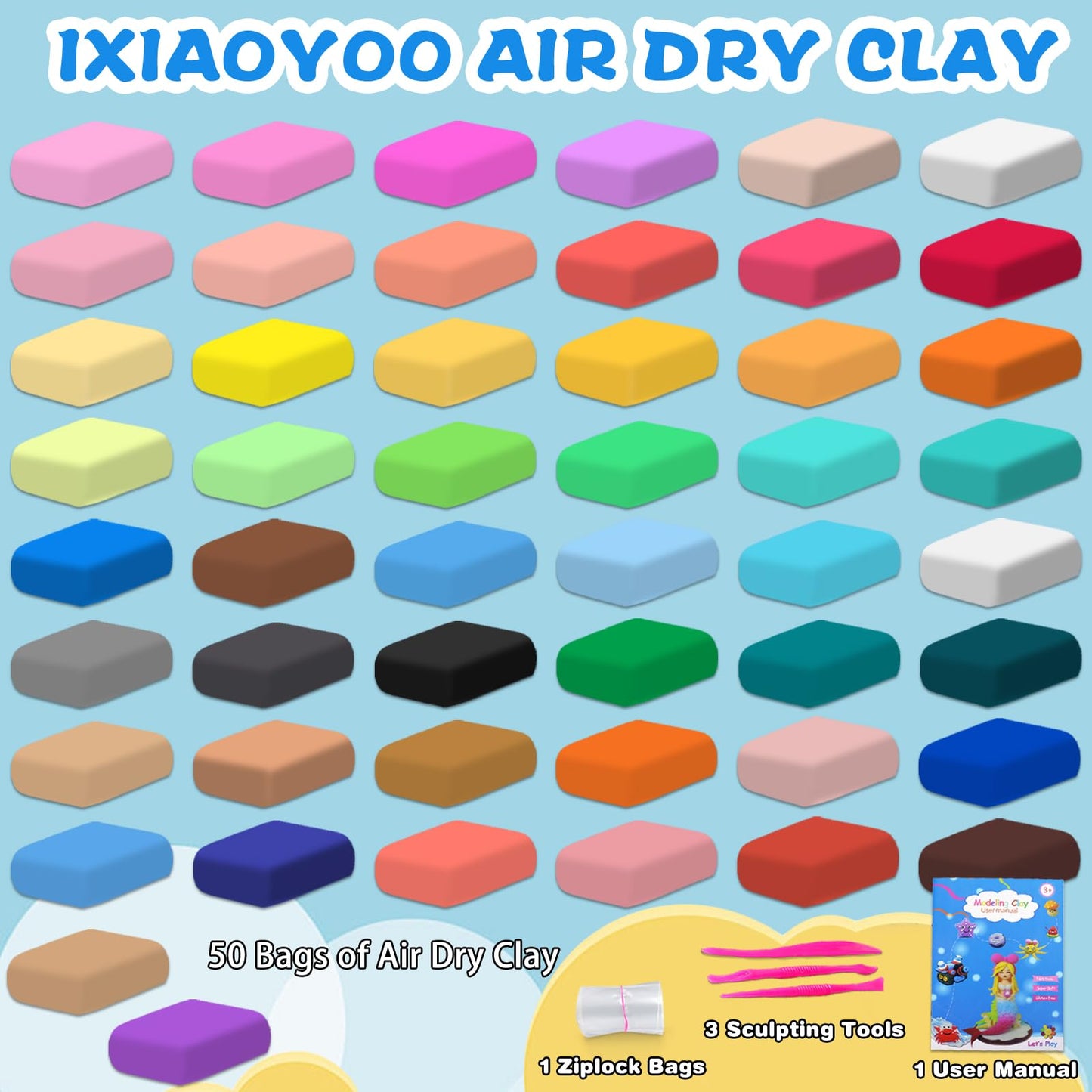 Ixiaoyoo Air Dry Clay, 50 Colors Modeling Magic Clay for Kids, Soft & Non-Sticky, Creative DIY School Arts & Crafts Kit, Home Party Favors, Toys Gifts for Age 3 4 5 6 7 8+ Years Old Boys Girls Kids