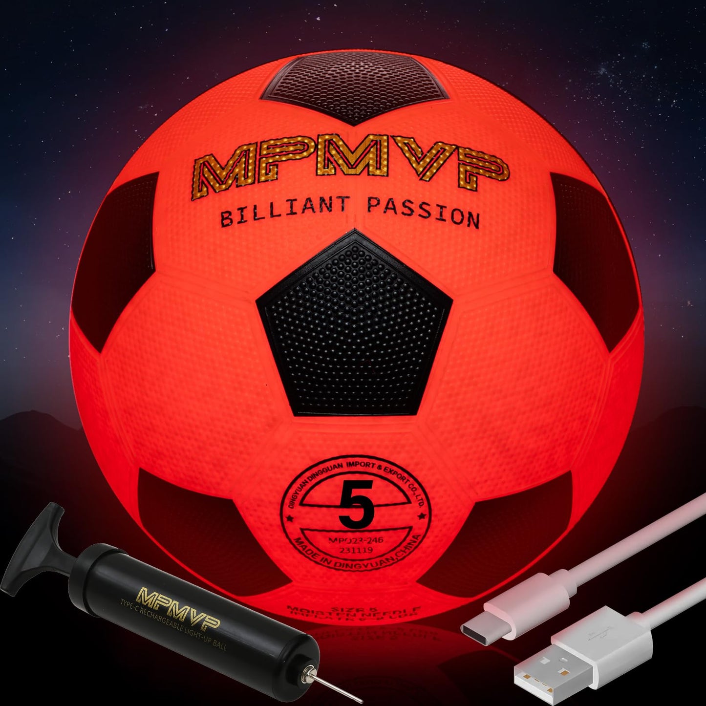 HITEGY Glow in the Dark Soccer Ball - Water-Resistant, Official Size 5, Light Up with Every Kick, Includes Pump, Manual & Extra Batteries - Perfect Soccer Gifts for Kids and Teen Boys (Orange)