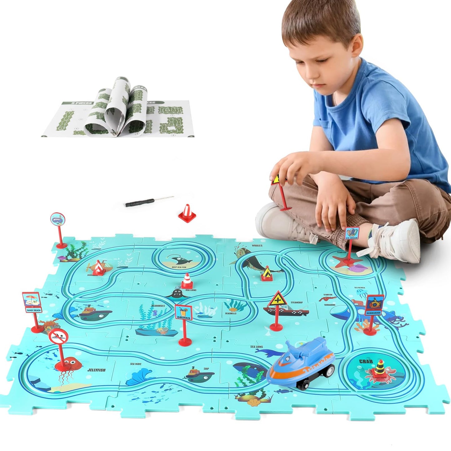 XAZASTOV Puzzle Track Car Play Set, Plastic Puzzles for Kids Ages 3-5 with Vehicles, Electric Trolley Puzzle, Car Tracks for Toddlers, Toys Gifts for 3 4 5 6 Year Old Boys Girls