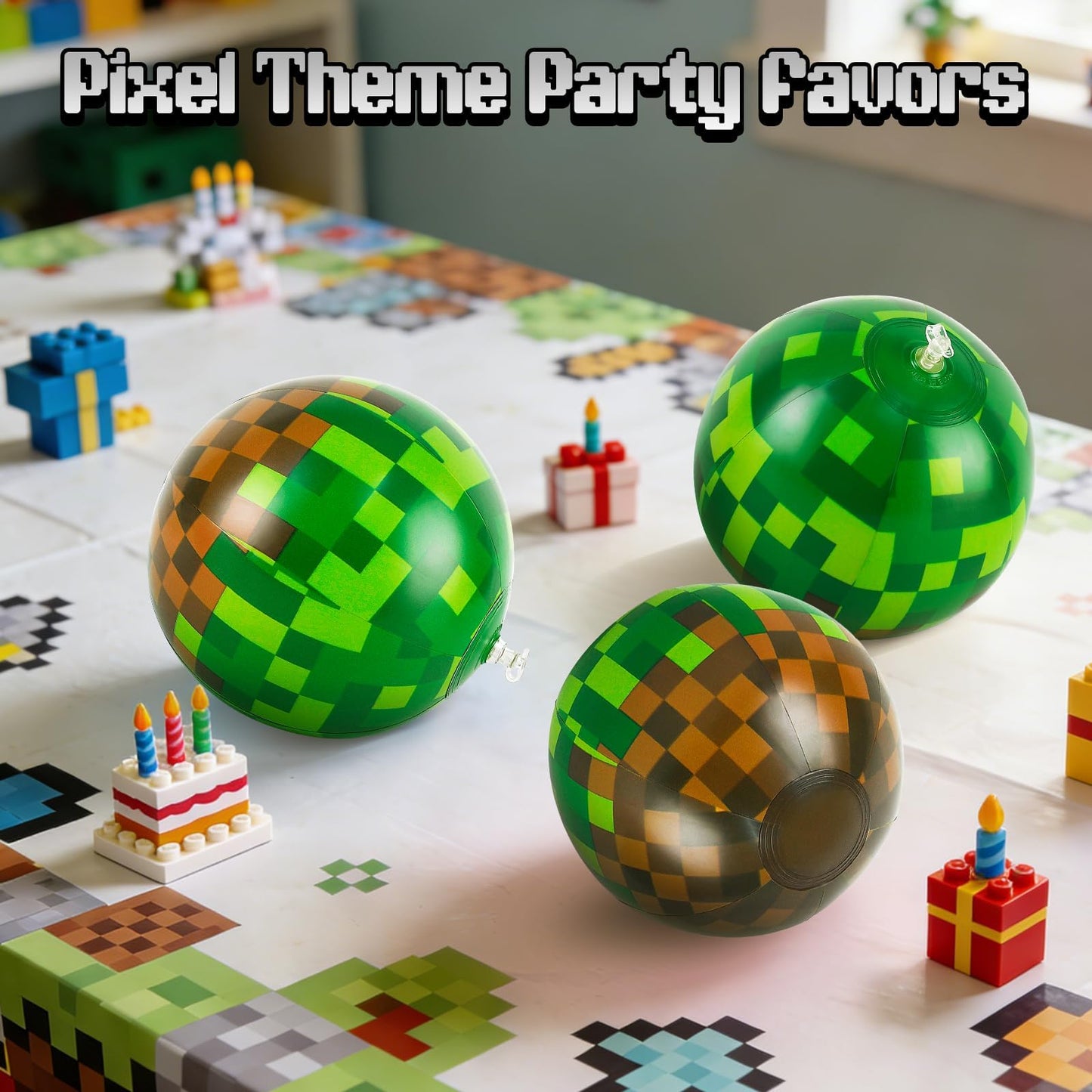 ZSMKJIAYE 12 Pack Pixel Themed Beach Balls - 6 Inches Green and Brown Inflatable Floating Balls for Birthday Party Decorations, Summer Pool and Beach Game, and Bulk Birthday Party Favors