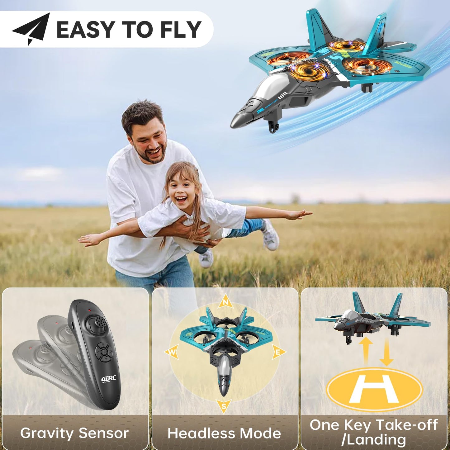 4DRC V17 Foam Remote Control Airplanes RC Planes for Kids Adults 4-7 8-16, RC Airplane Fighter Jet with Light, 360° Flip Fighter Jet Toy, Gravity Sensing, Stunt Roll, Airplane Toy Gifts for Kids Boys