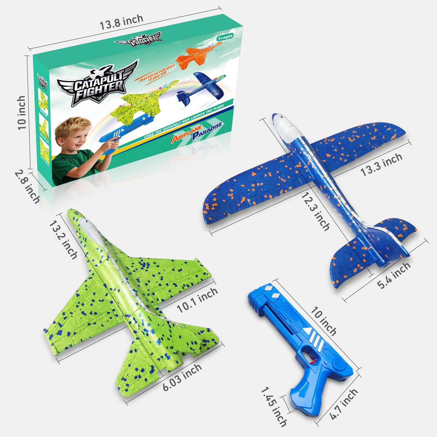 CRILARY 3 Pack Airplane Launcher Toys for Kids, 13.2'' LED Foam F-15 Fighter Jet & Glider, 2 Flight Modes Catapult Plane Outdoor Flying Toy, Easter Birthday Gifts for Boys Girls Ages 4-12