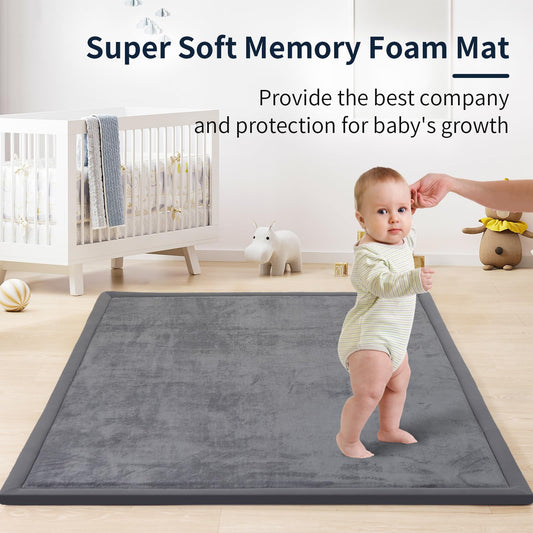 ACOMOPACK Baby Play Mat for Floor 1.3" Thick Memory Foam Play Mat 59"×71" Tummy Time Crawling with Non-Slip Bottom for Living Room,Nursery,Soft Velvet Playpen Mats for Kids,Infants（Dark Grey）