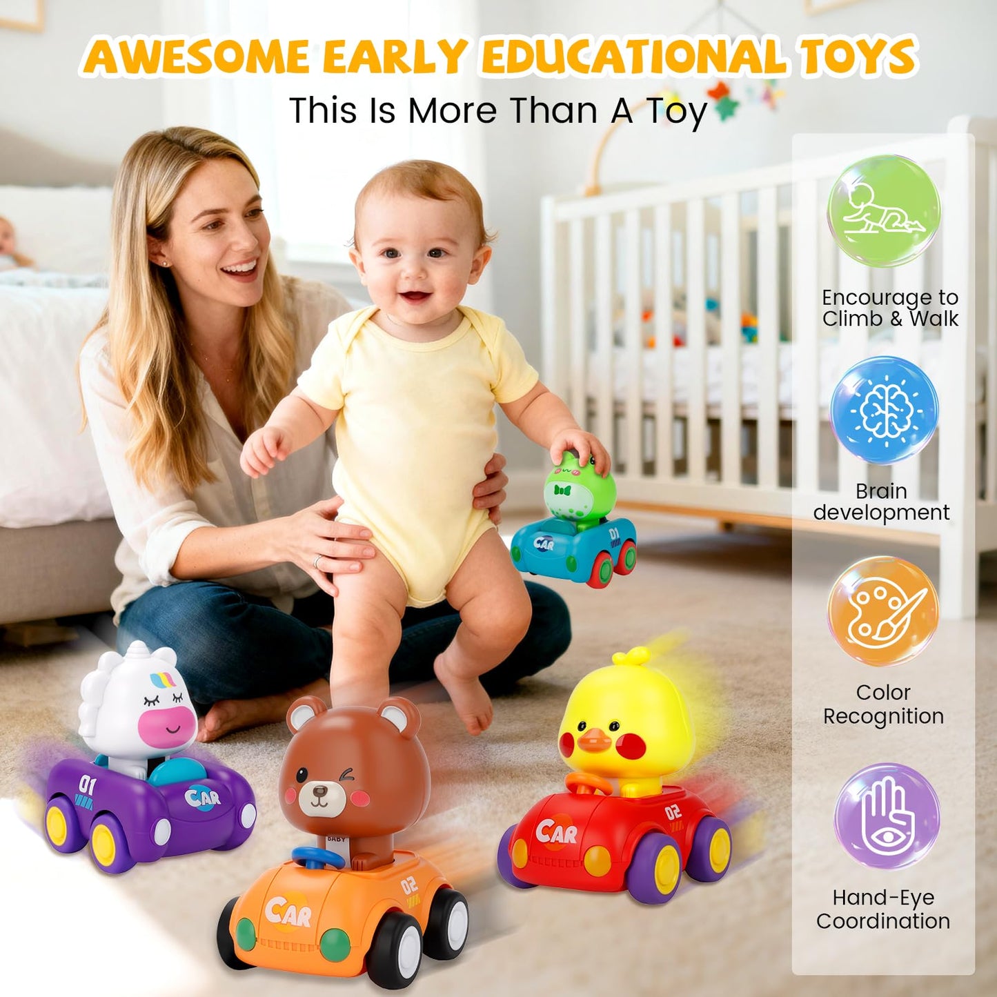 LBJGL Press and Go Car Toys for Toddlers 1-3, 4 Pack Friction Powered Baby Push Cars, Infant Play Vehicle Set for 6-9-12-18 Months, 1st Birthday Gifts for 1-2 Year Old Boys Girls